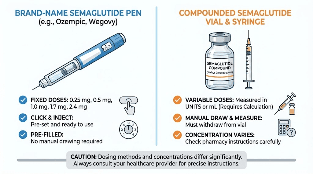Brand-name semaglutide pen dosing vs compounded semaglutide vial conversion comparison