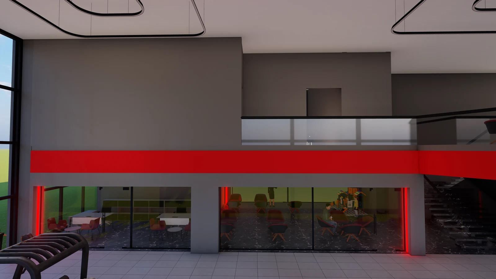 Interni per uffici su due livelli con ballatoio di collegamento e dettagli di design aziendale rosso.
