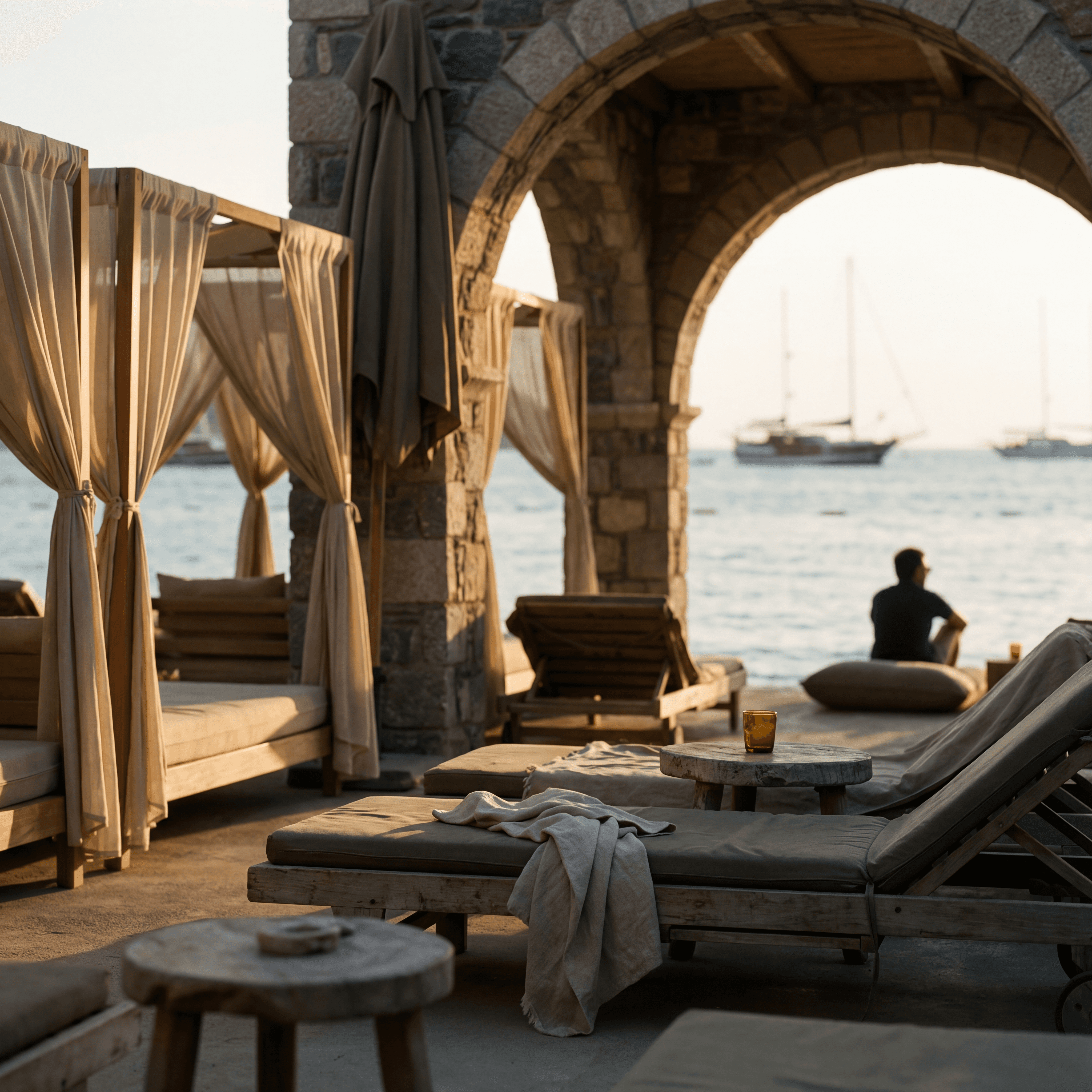 Luxury beach club in Bodrum with private cabanas and sea view lounging areas