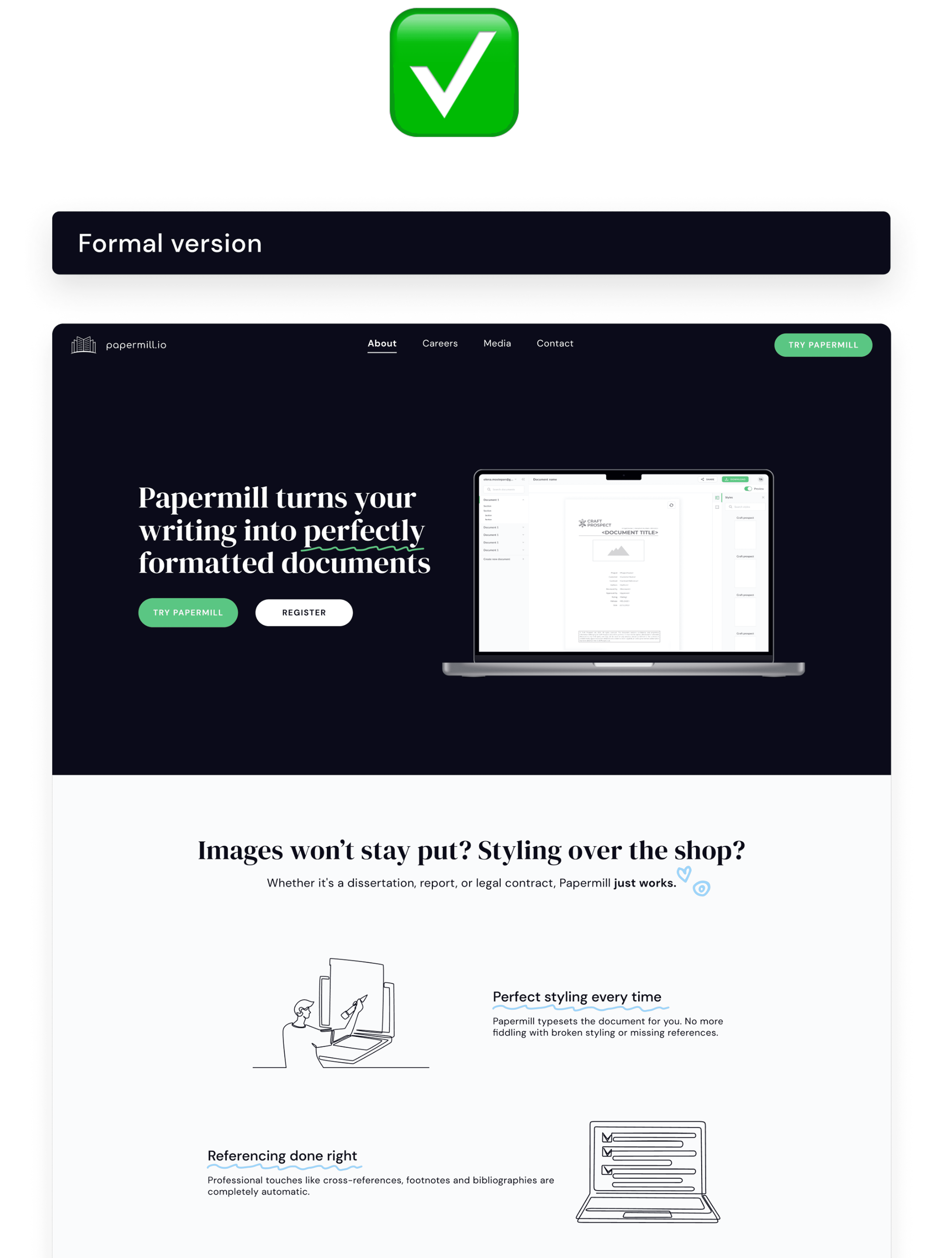 Formal version of Papermill landing page - clean professional design with headline 'Papermill turns your writing into perfectly formatted documents' - user-preferred direction