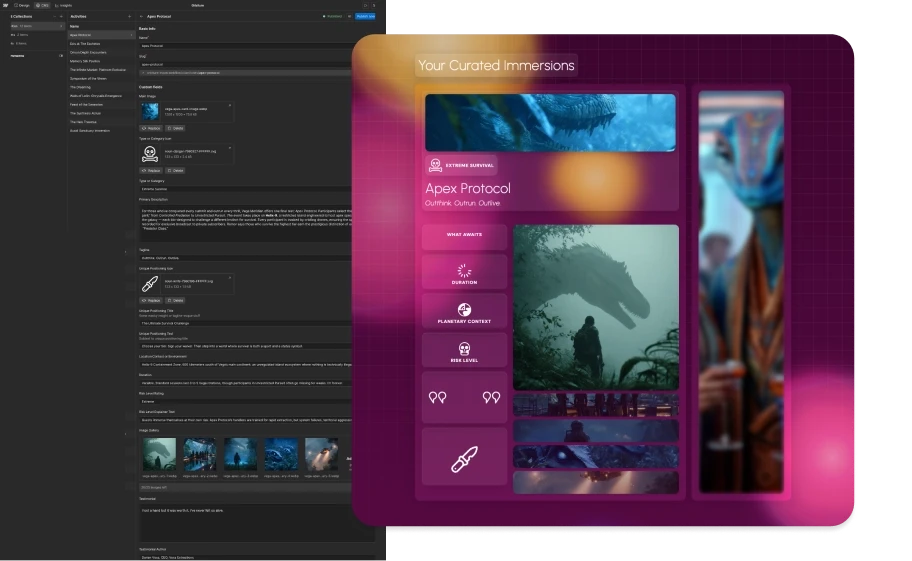 Screenshots of Webflow CMS and accompanying page design