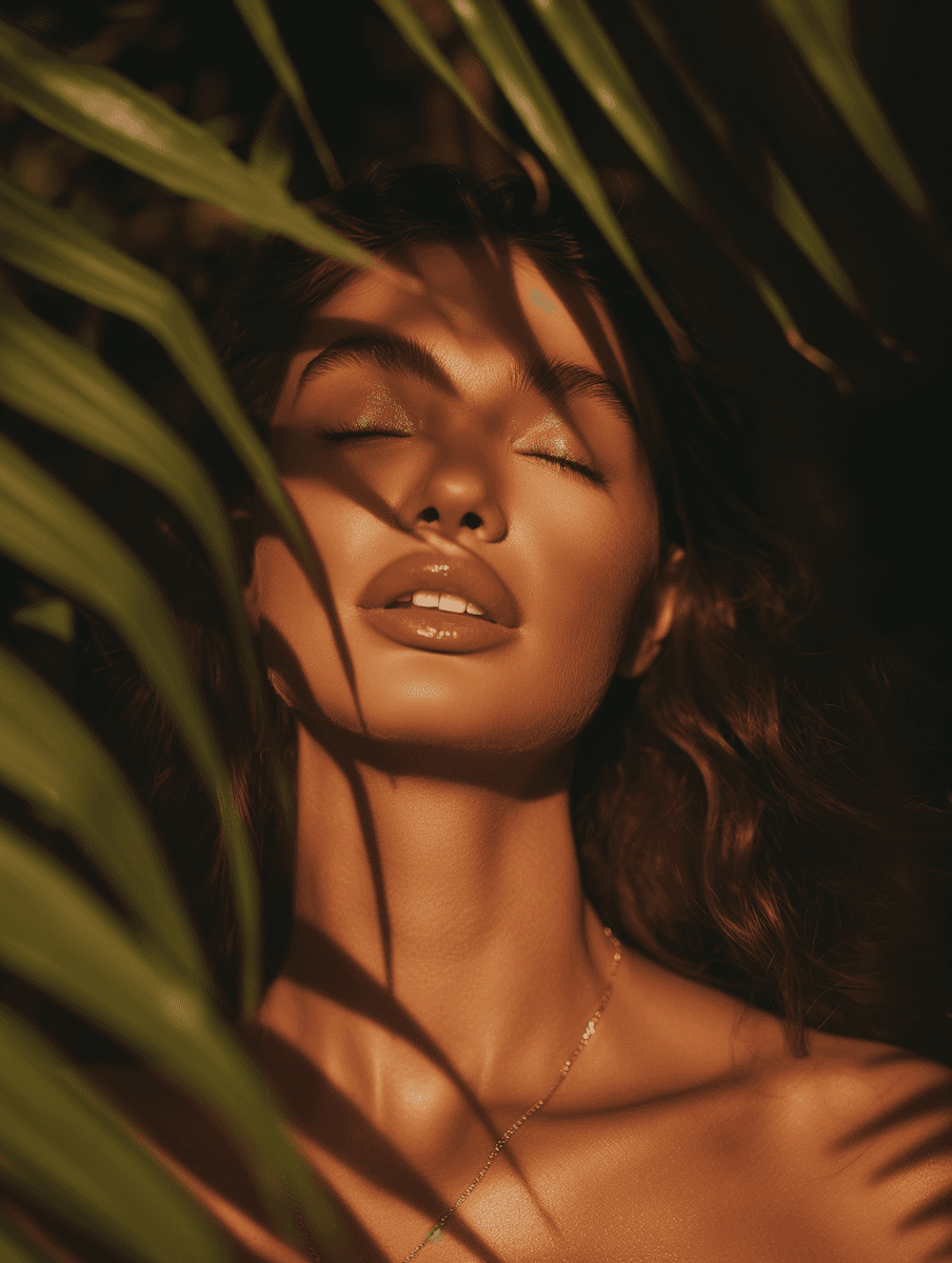 A woman lying on a massage bed, illuminated by soft sunlight streaming through a nearby window. A lush green plant in the background enhances the peaceful and rejuvenating ambiance.