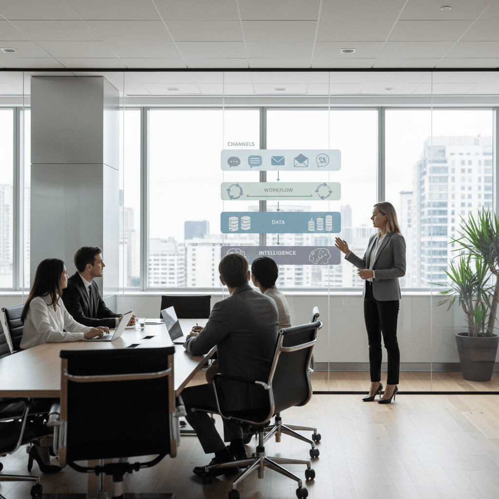 Operations leader explaining a layered customer engagement model diagram to a team in a conference room