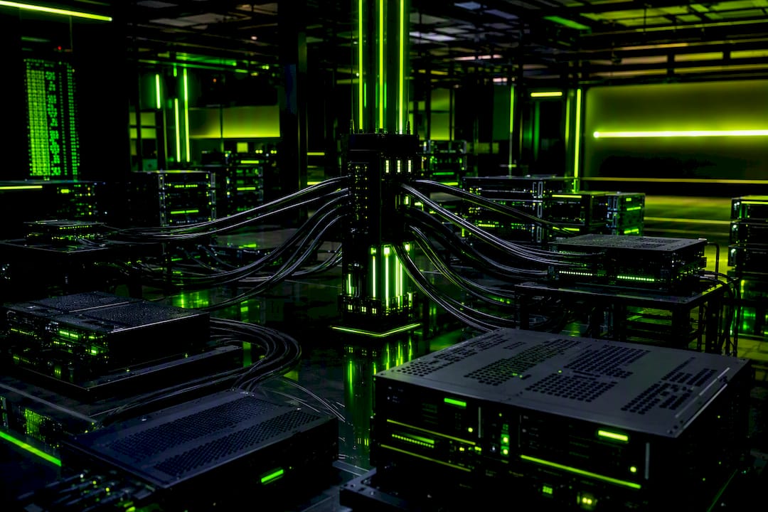 Interconnected server hub in neon-lit innovation workspace