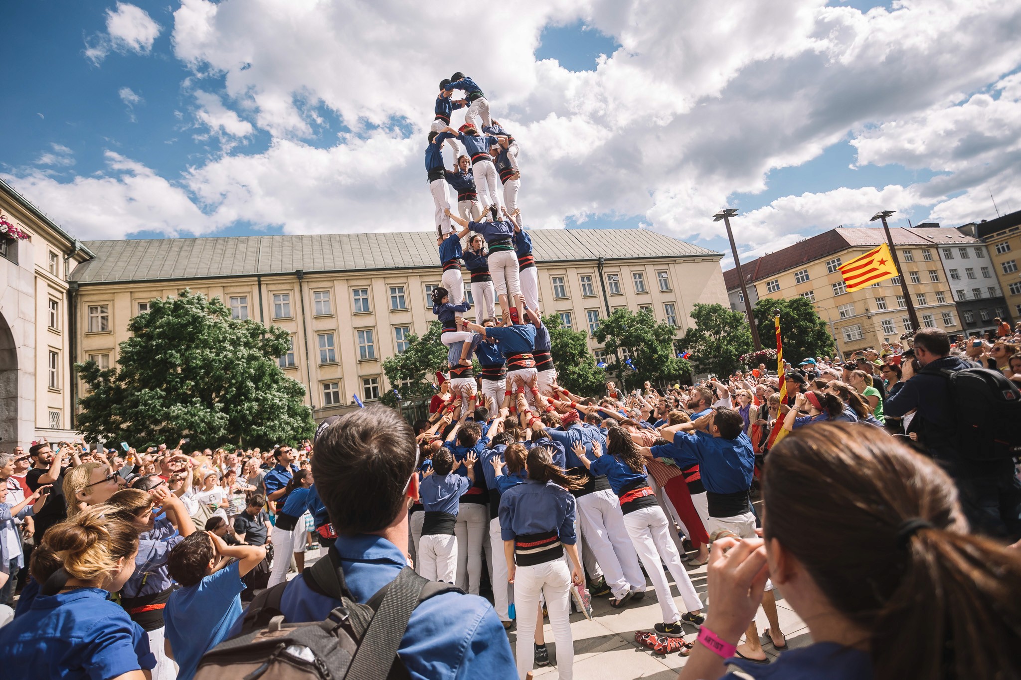 A Catalan human tower surrounded by an audience in Ostrava.