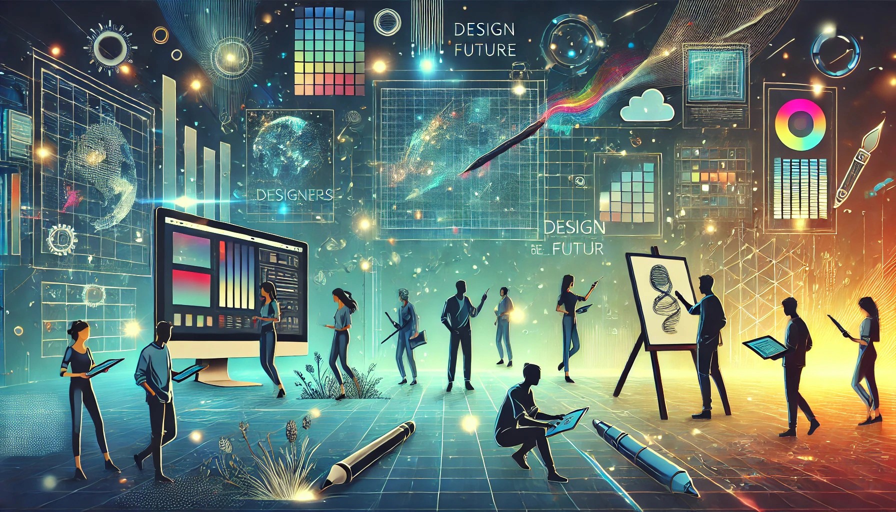 ai image of charaters designing with abstrack mix of design tools in background
