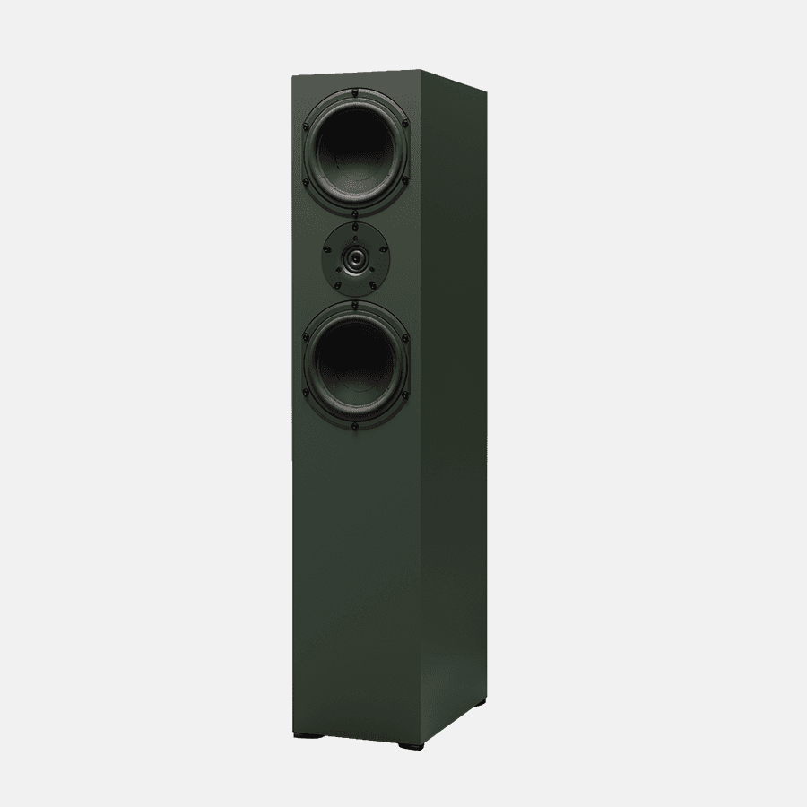 Tall green speaker with three drivers