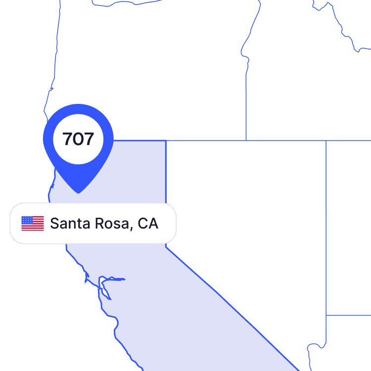 US map of 707 area code phone numbers and its coverage region