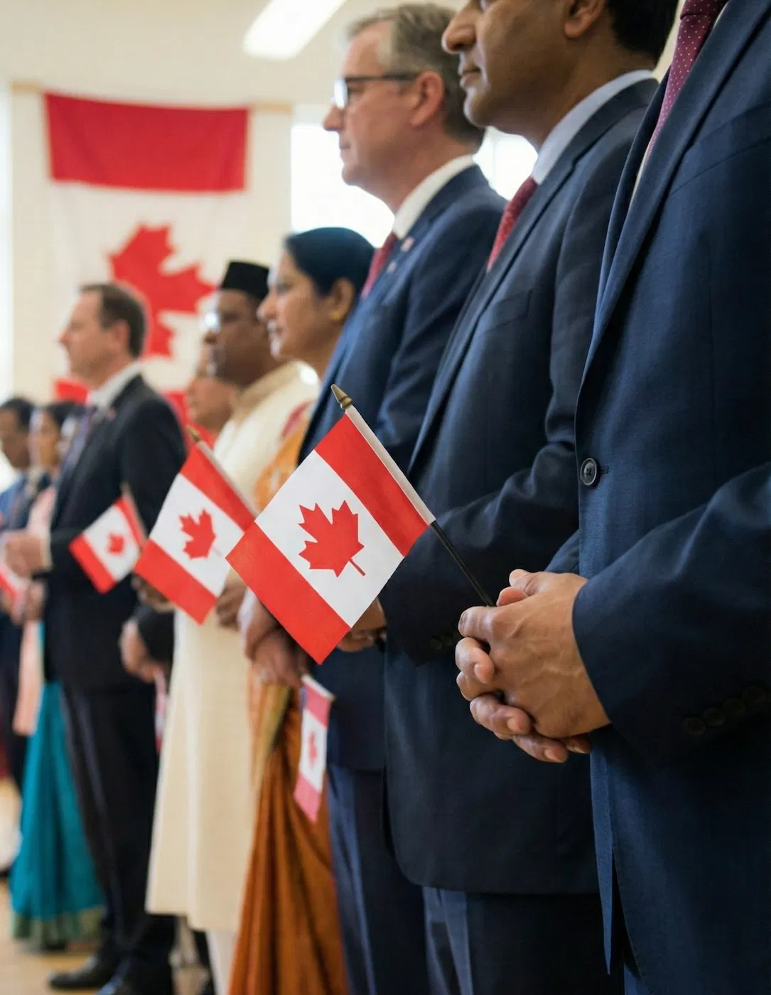A close-up shot focusing on a person's clasped hands resting against a dark suit, holding the stick of a small Canadian flag. In the softly blurred background, a line of diverse individuals in various formal and traditional clothing stands holding their own small Canadian flags, receding out of focus.