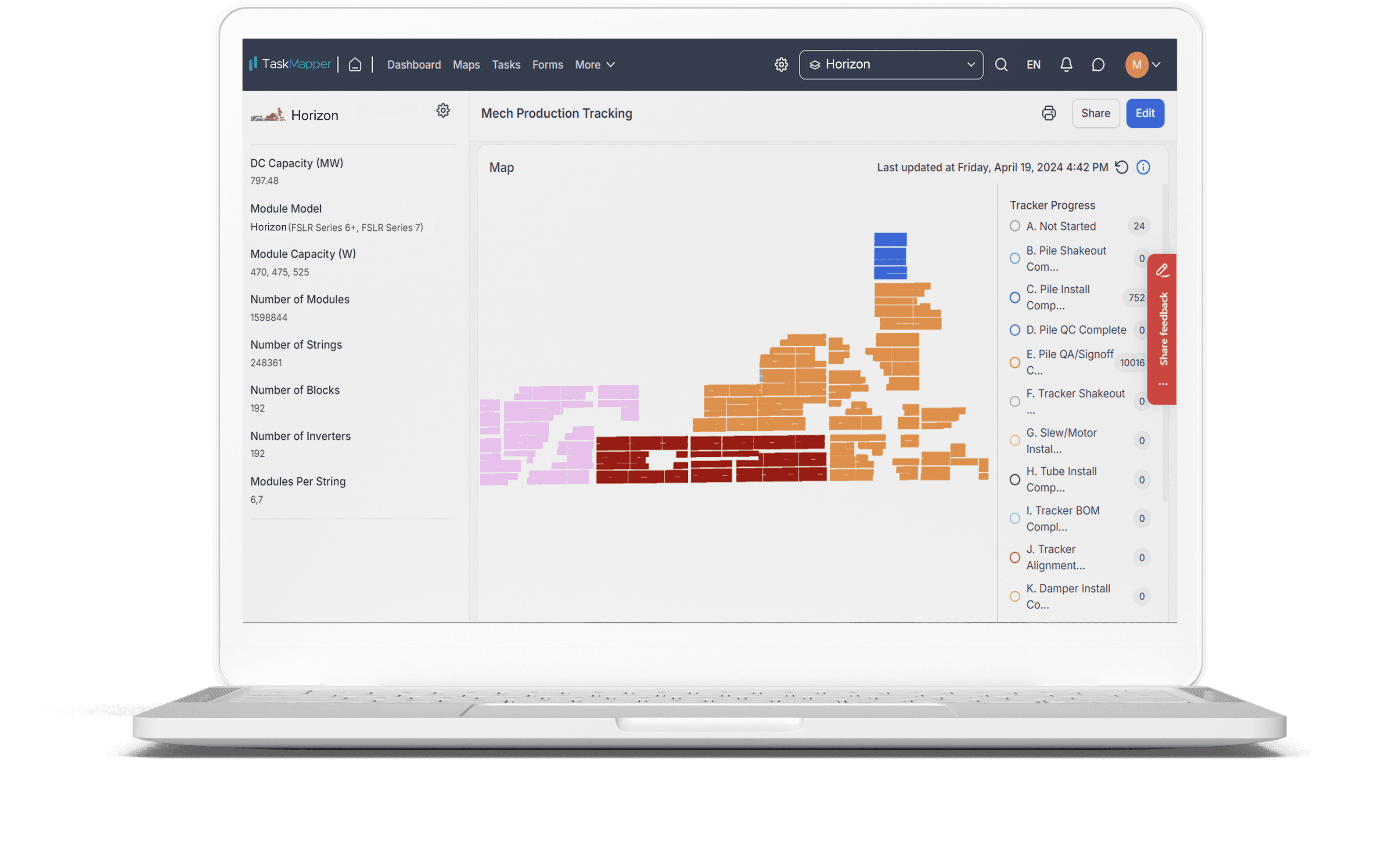 TaskMapper app Maps view showing civil progress updates