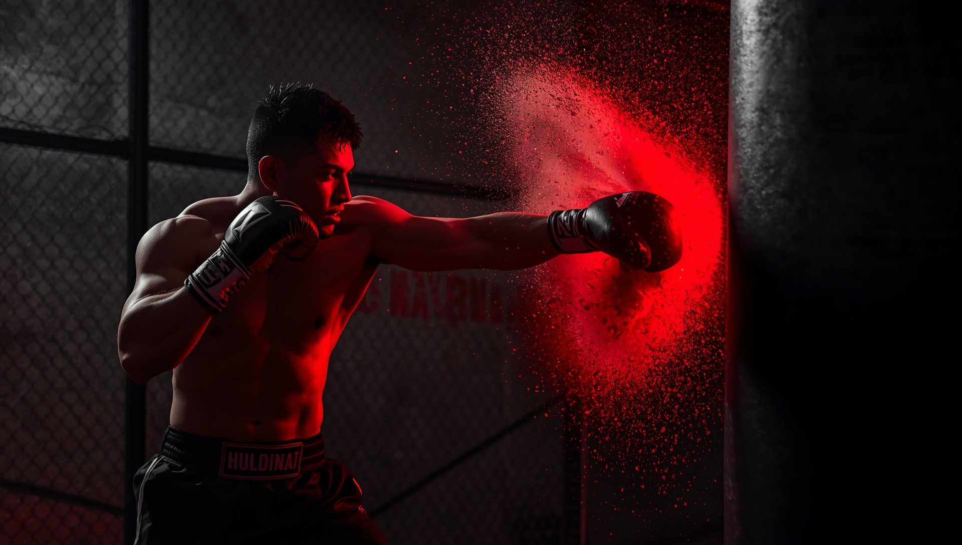 A high-resolution, gritty action photograph designed as an impact-focused hero section, matching the style and color grading of a high-contrast black and crimson red aesthetic. The scene is set in a dimly lit, raw underground training facility. A muscular boxer with hand wraps, mid-impact with a red-glowing punching bag, sand and sweat spray flying dramatically, similar to the action in image_2.png. The entire composition has a high-contrast, film grain look.  The background is a mix of concrete and metal mesh. The overall lighting is low-key with intense red highlights. The style is raw, visceral, cinematic and powerful