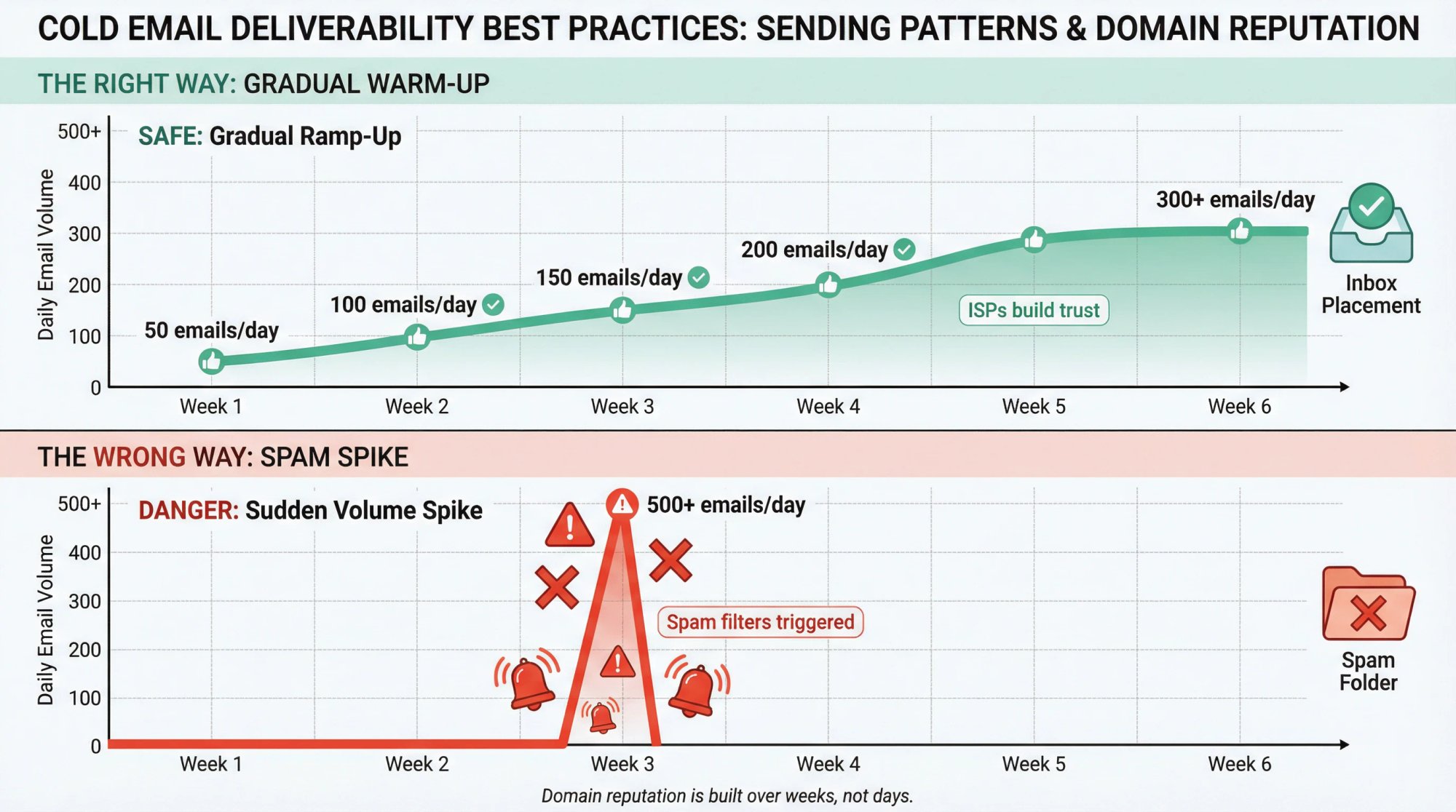 Domain warm-up timeline comparing gradual volume increase (safe) vs sudden email spike (spam trigger)