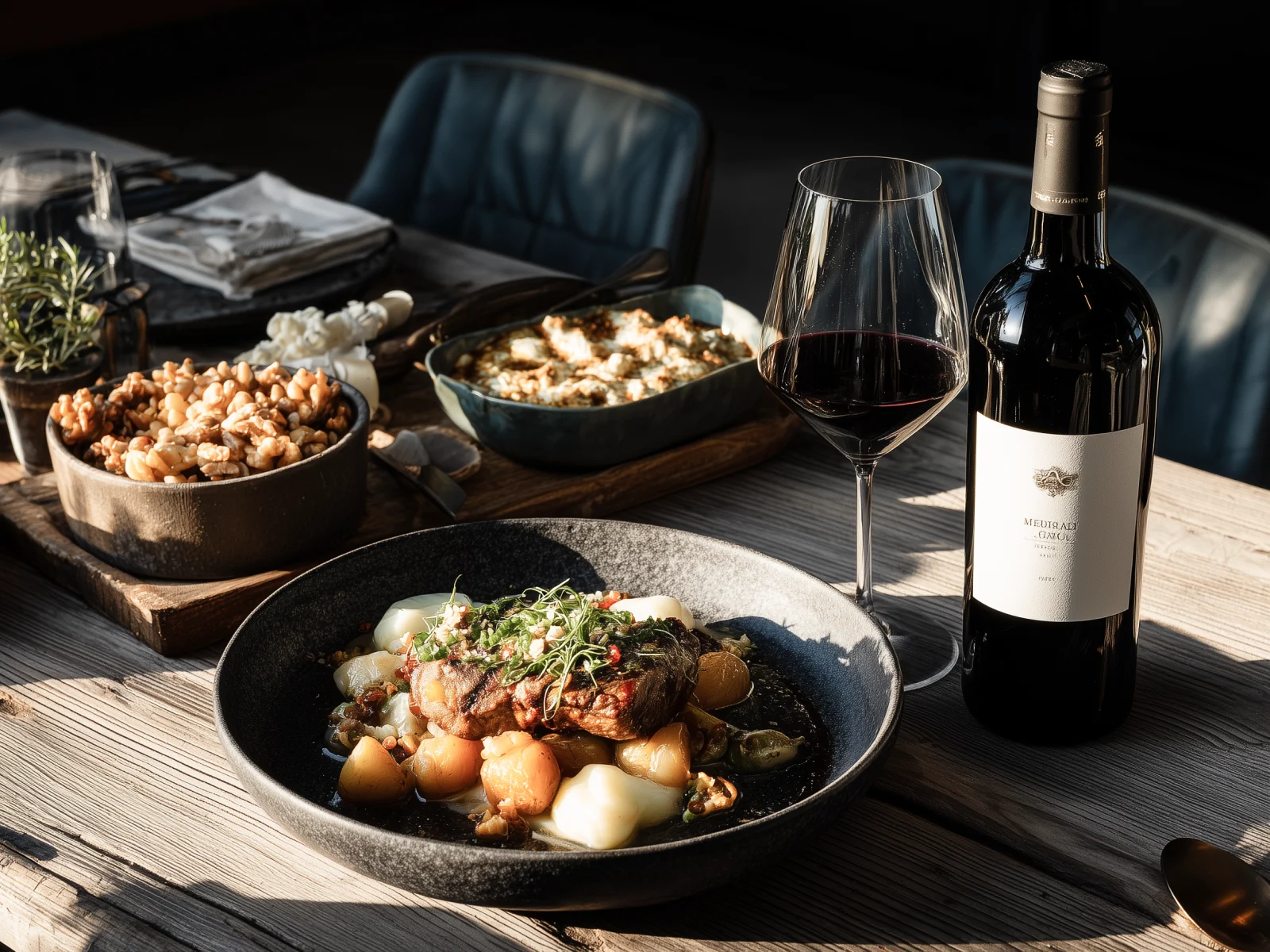 A plate of food with a bottle of red wine