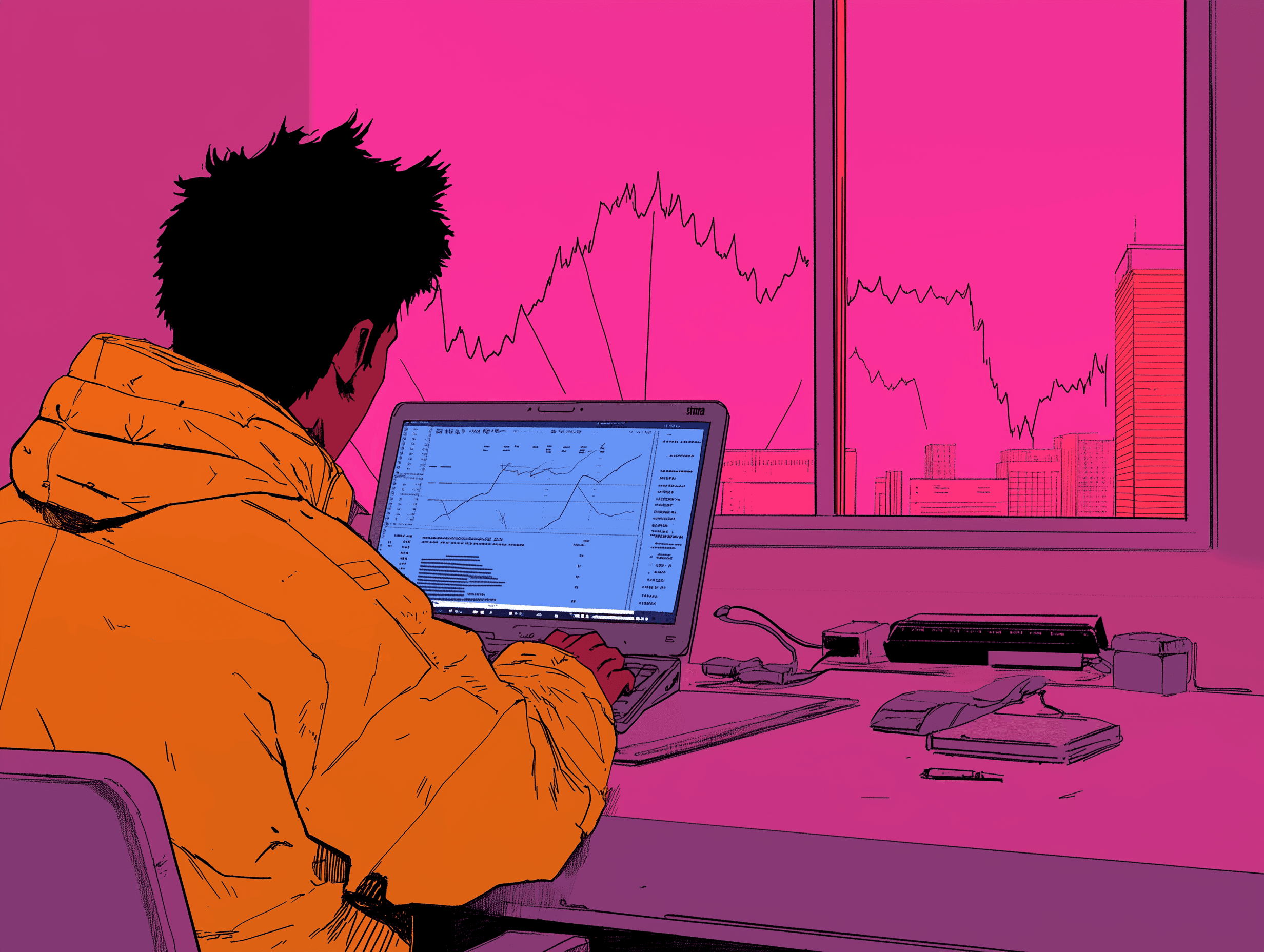 An illustration of a man sitting a desk in front of a window using a computer with data and graphs on the displays.