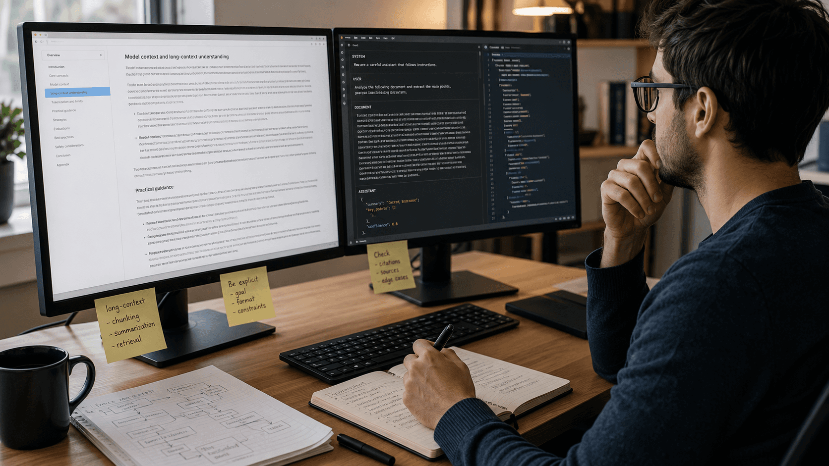 Developer reviewing a long technical document and structured prompts while testing an AI model for long-context analysis