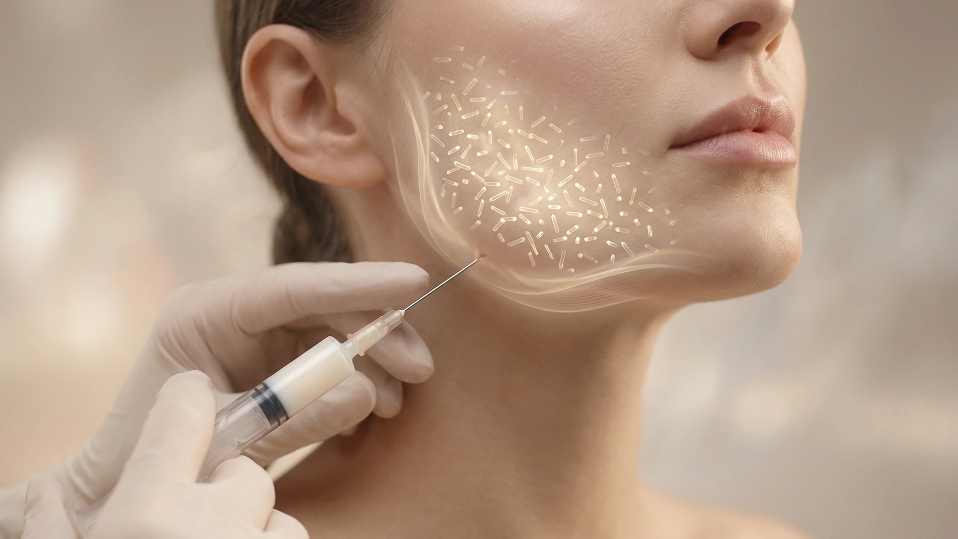 Aplicação de bioestimulador de colágeno na região mandibular, estimulando produção de colágeno e rejuvenescimento facial na harmonização facial