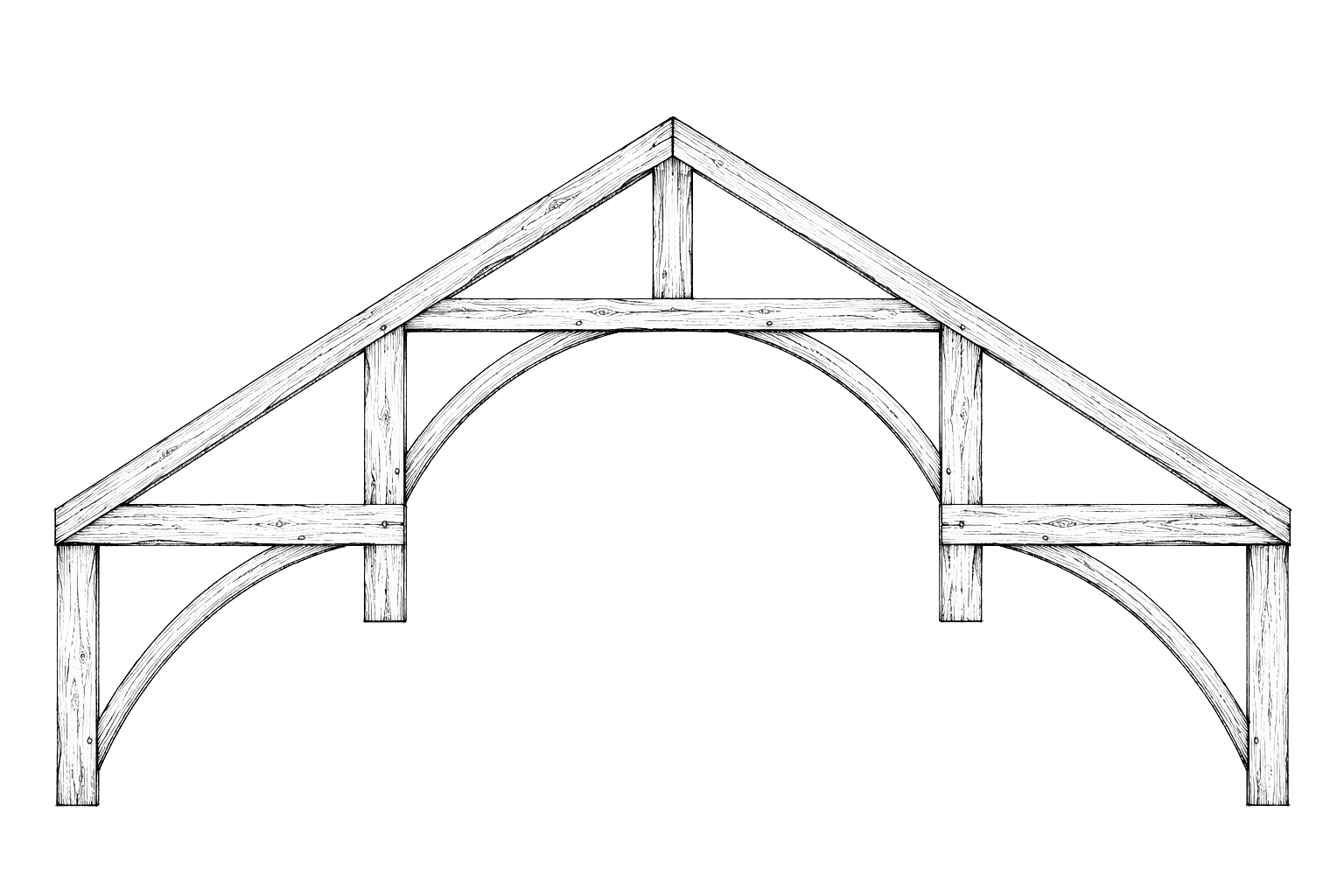 Hammer beam timber truss illustration with cantilevered hammer beams and crossed rafters