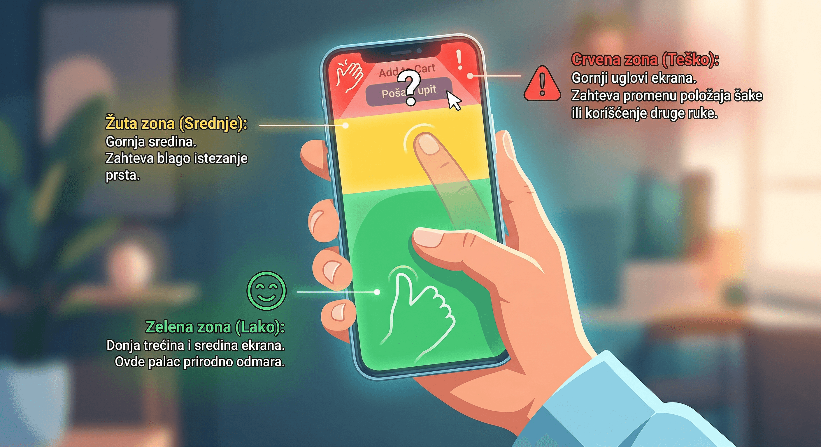 prikaz safe zone ekrana telefona  crvena, zuta i zelena