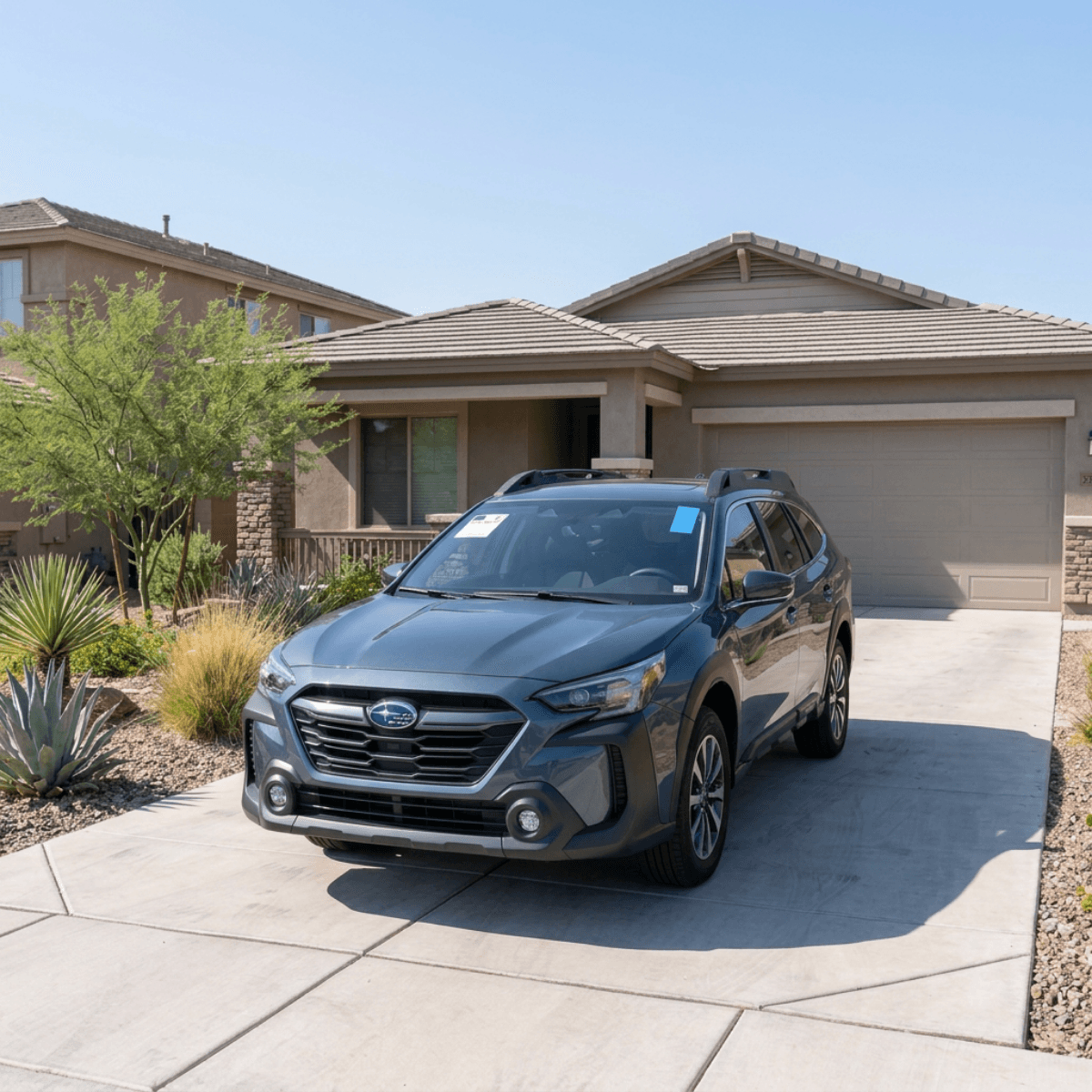Blue Subaru Crosstrek with a dependable new windshield parked in a Paradise Valley, Arizona suburban driveway