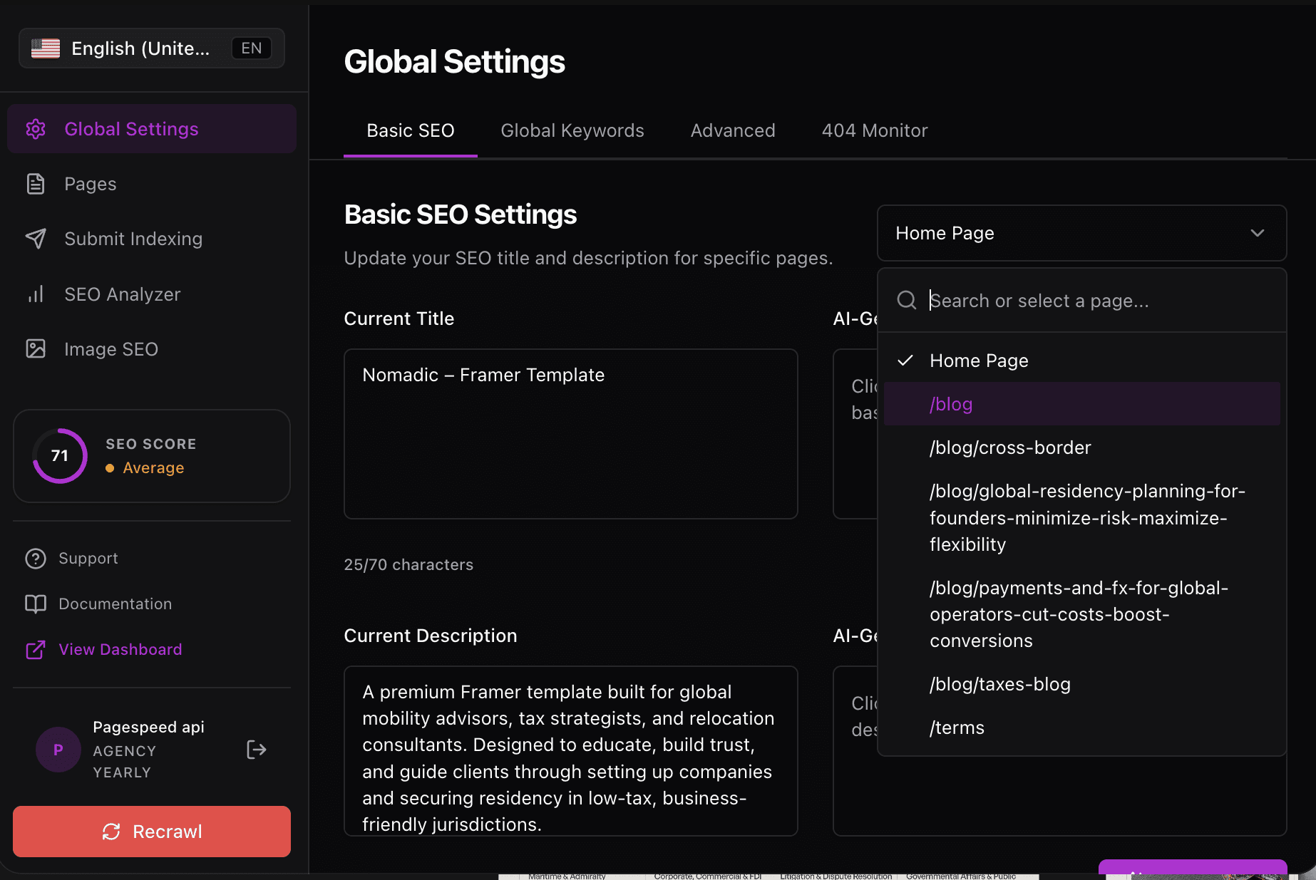 Global Settings Basic SEO with the page dropdown open, listing every crawled page