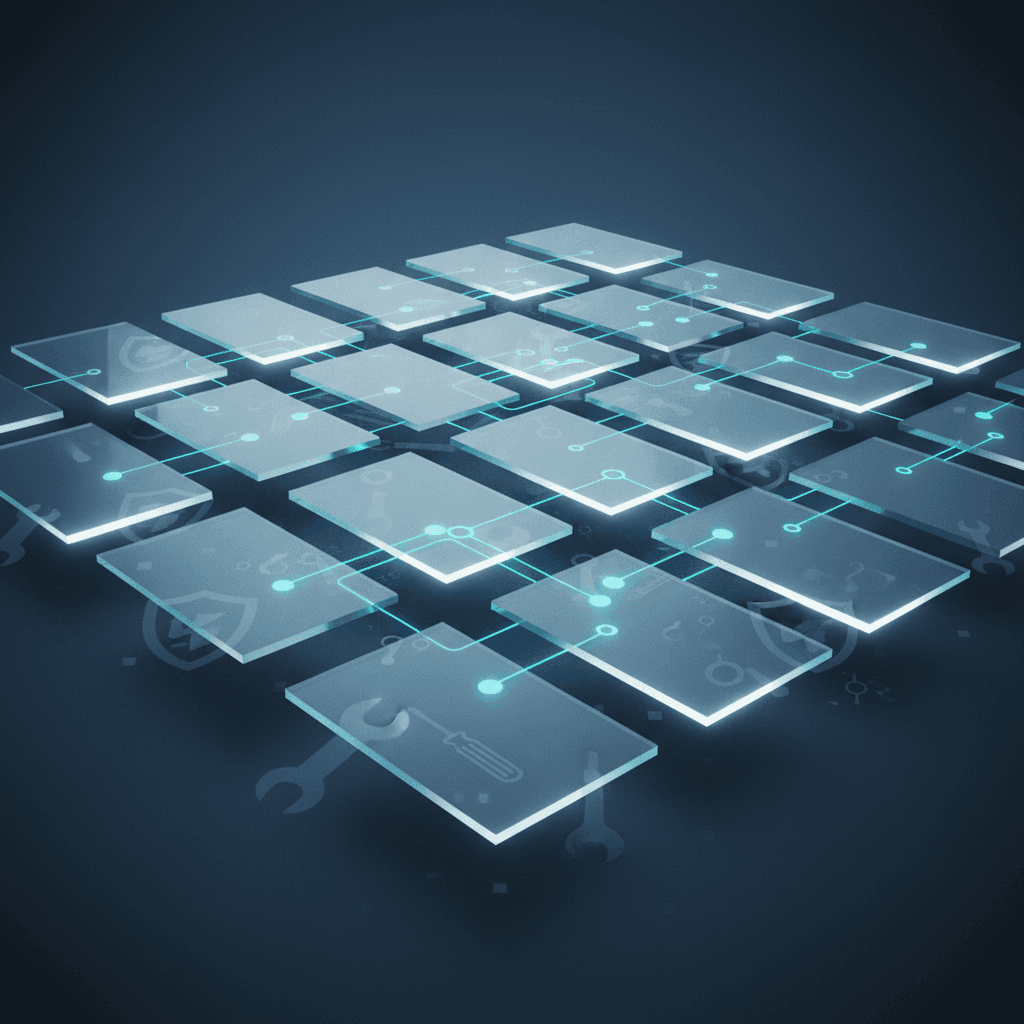 Glass panels representing virtual servers, network lines and maintenance tools