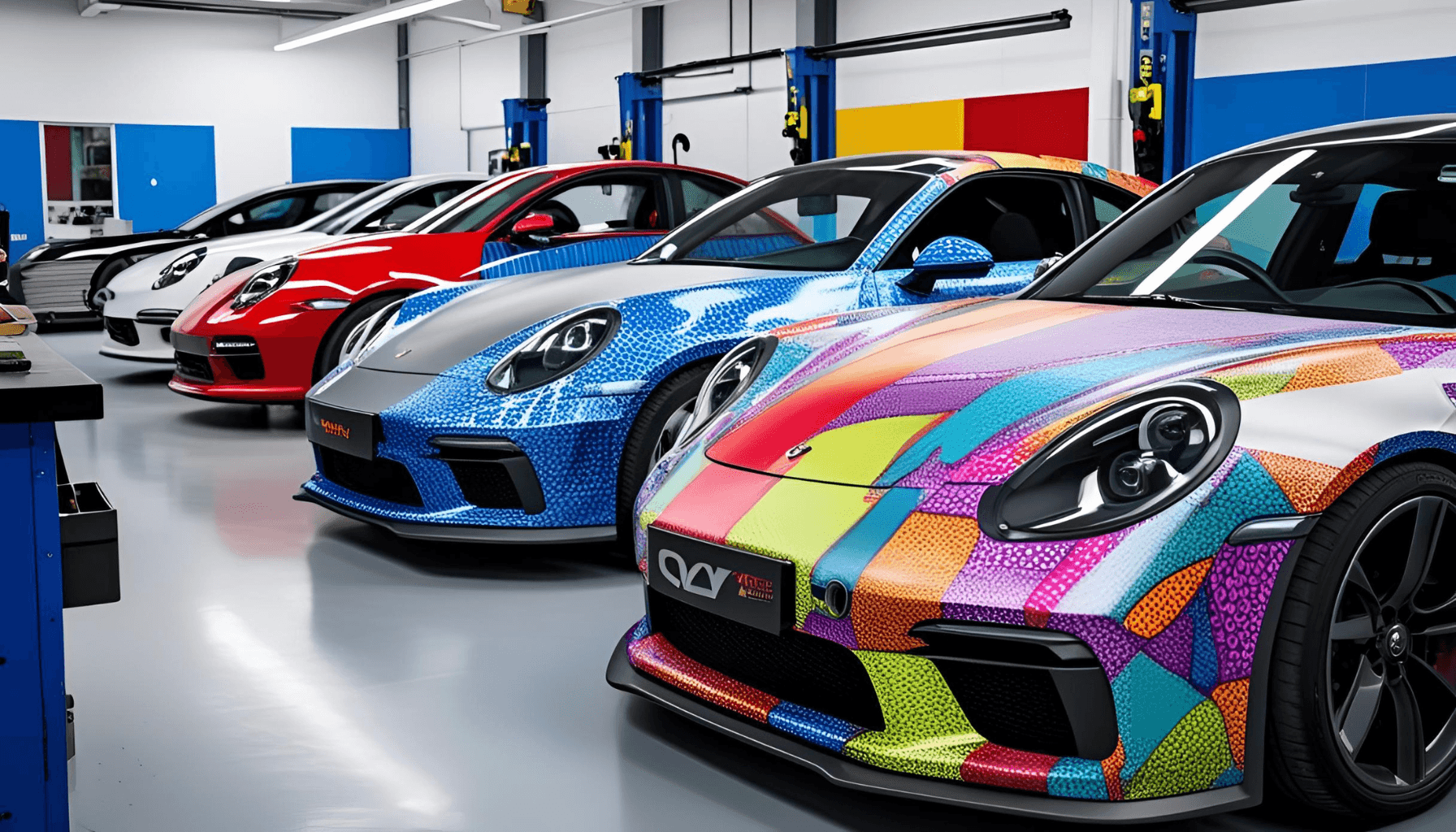 Sportwagen mit bunter Folierung in Werkstatt, bereit für professionelle Fahrzeugveredelung.
