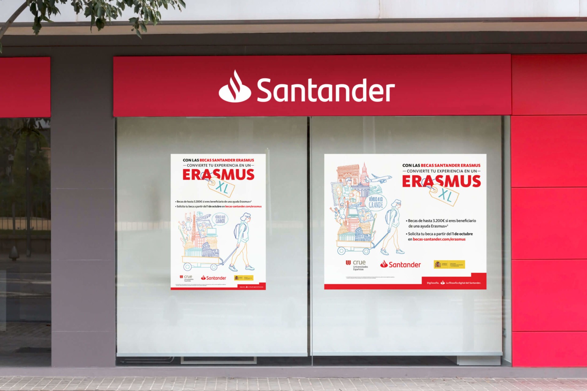 Cartel de Becas Erasmus por Santander con imágenes de maletas y avión.