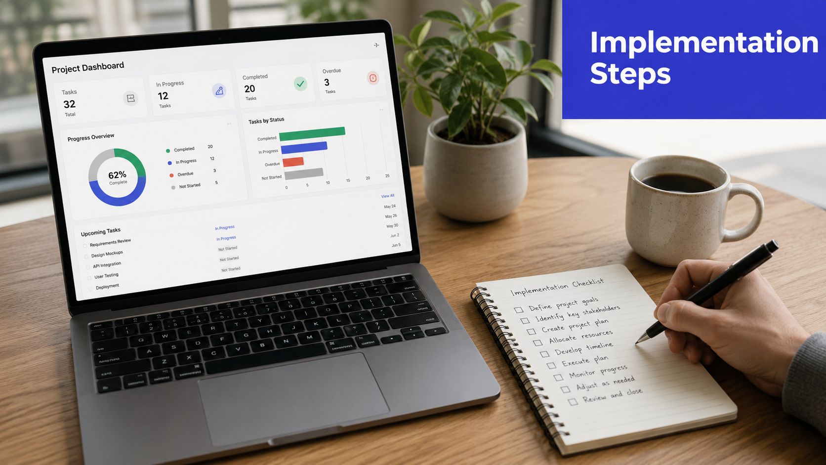 A person writing an implementation checklist in a notebook next to a laptop displaying a project dashboard.