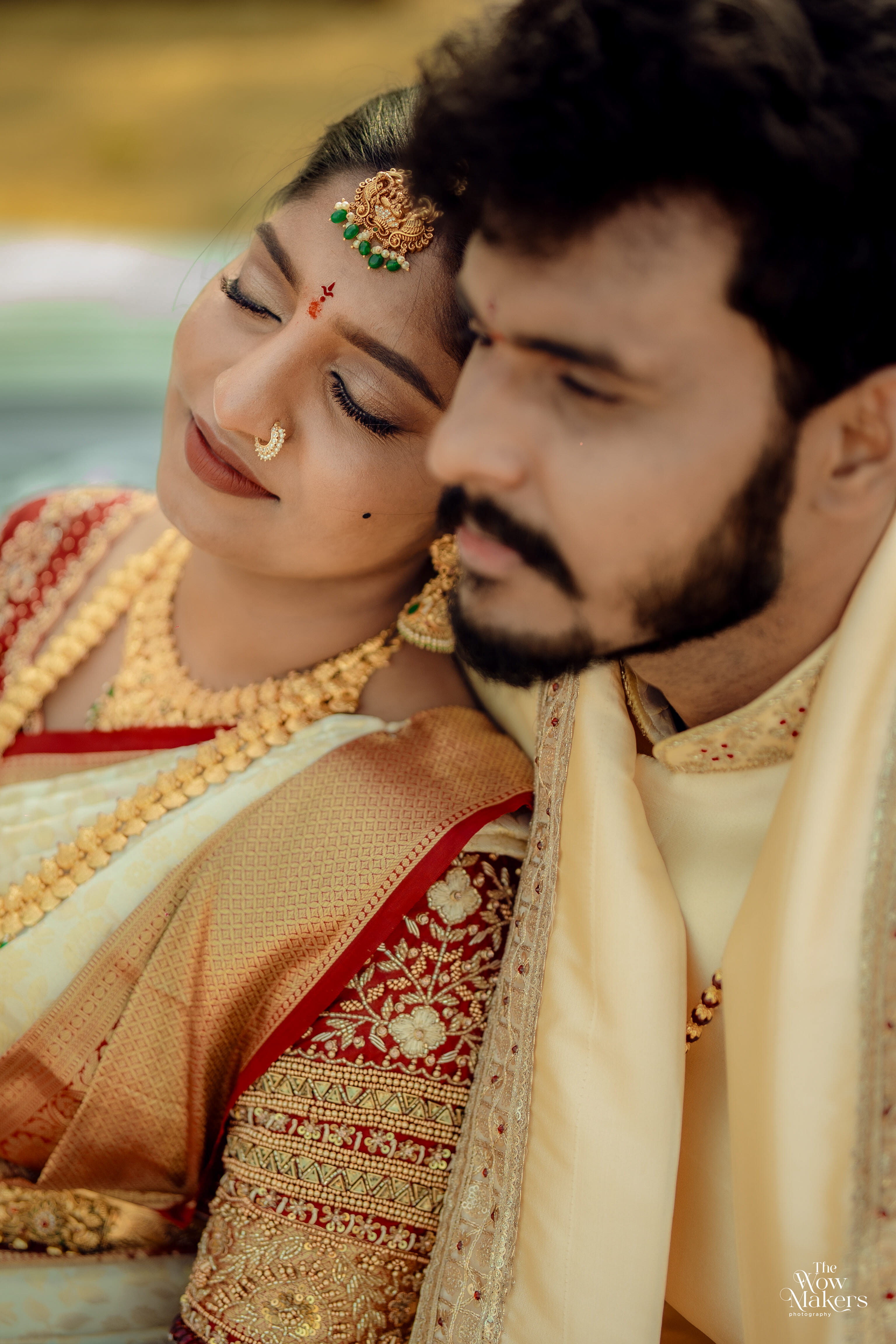 Wedding day photo collage with bride and groom in maroon and gold attire, jewelry and ring close-ups, captured by Wow Makers in Hyderabad, India."