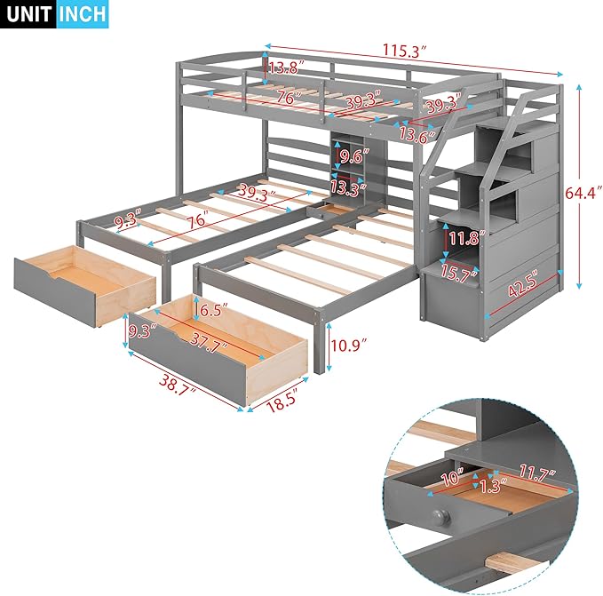 The triple bunk bed with stairs is a stylish addition that complements any interior design.