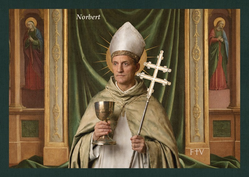 Sacred artwork by Faith and Verse. © Faith and Verse, 2025. All rights reserved. Traditional Catholic art postcard featuring Saint Norbert in devotional portrait style.