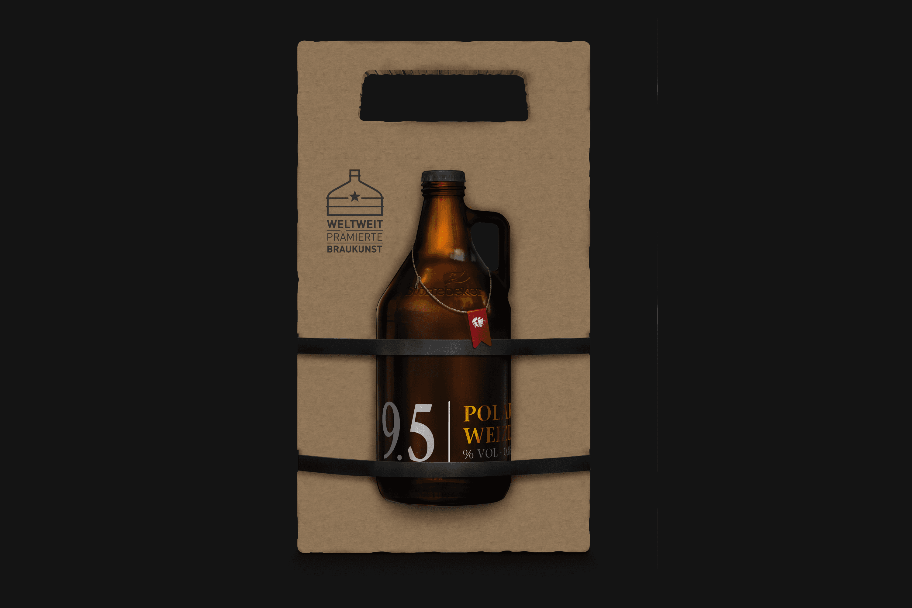Beer bottle with handle on cardboard carrier, 9.5% alc.