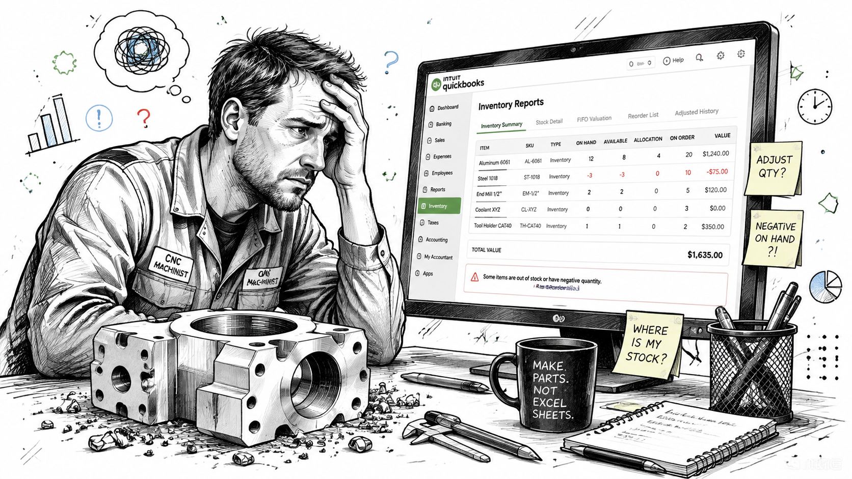 A stressed machinist looking at a computer screen showing QuickBooks inventory reports with negative stock quantities.