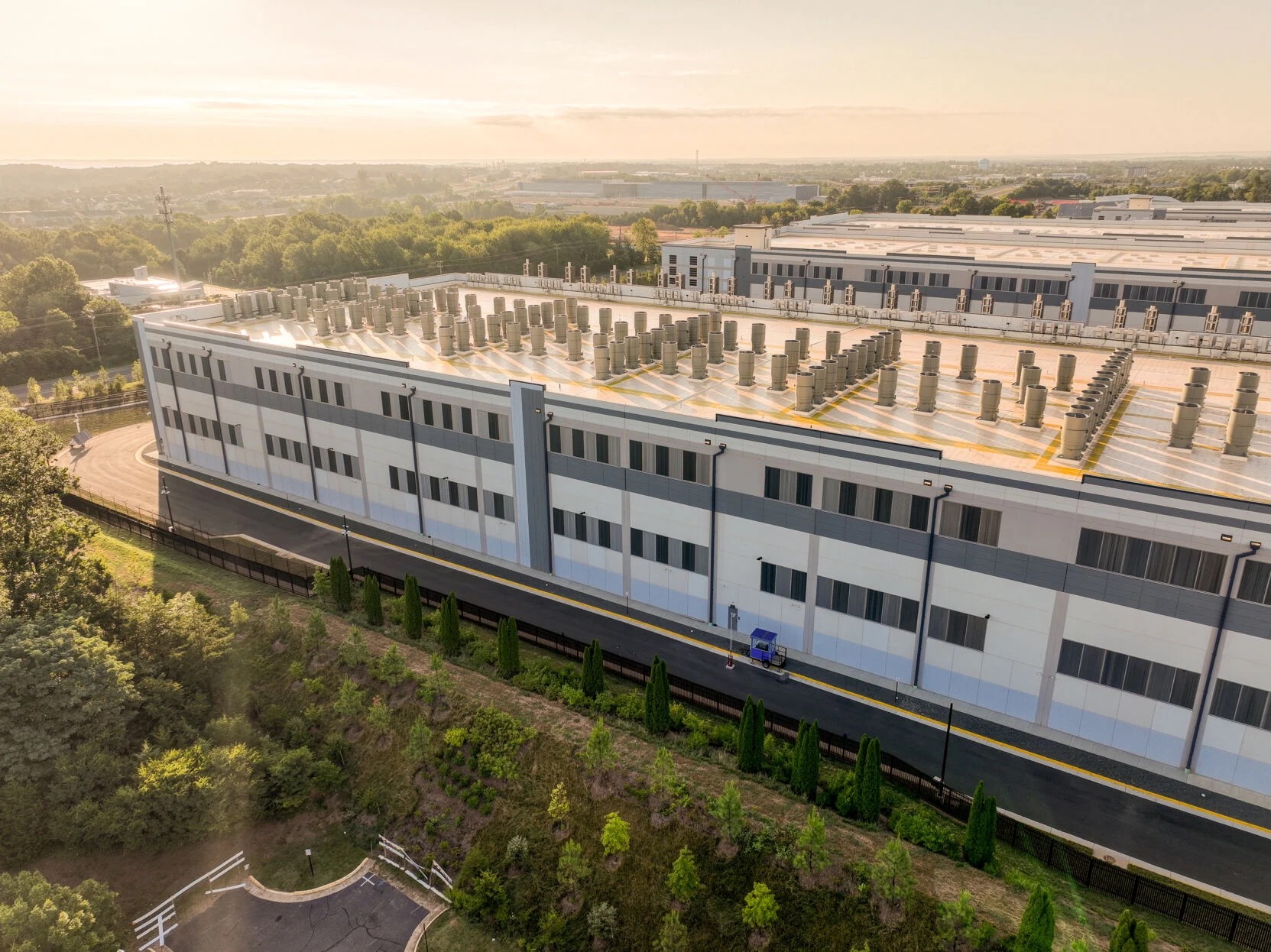 An aerial view of a data center behind the Village Place community in Haymarket. Credit: Doug Stroud