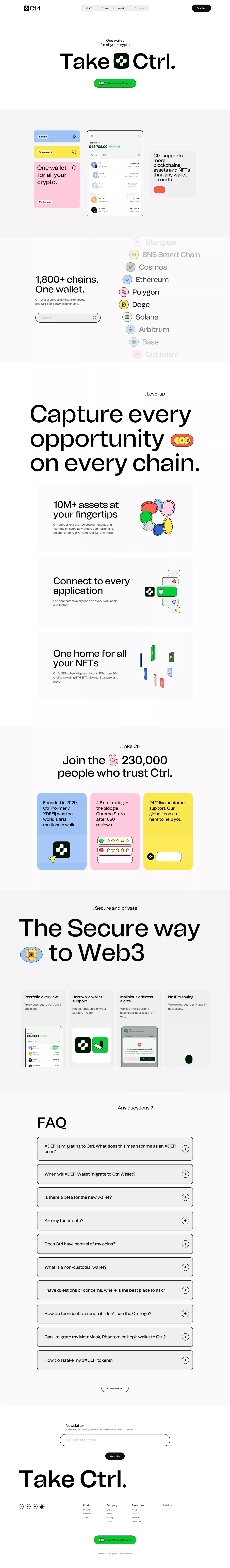 Secure and powerful crypto wallet landing page screenshot showcasing Tech and Finance design
