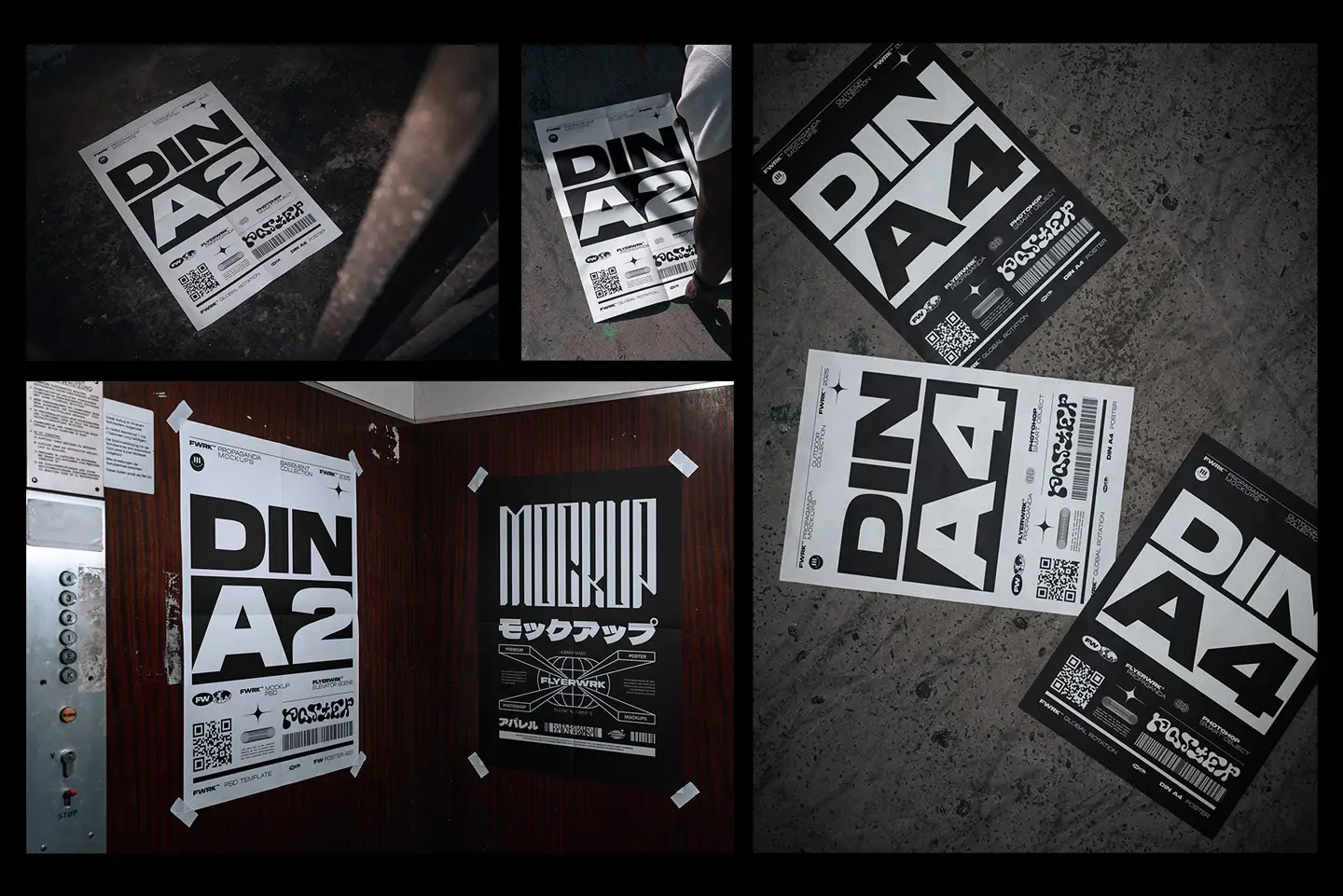 Poster mockups from Flyerwrk Freebies Vault shown in realistic environments and street settings
