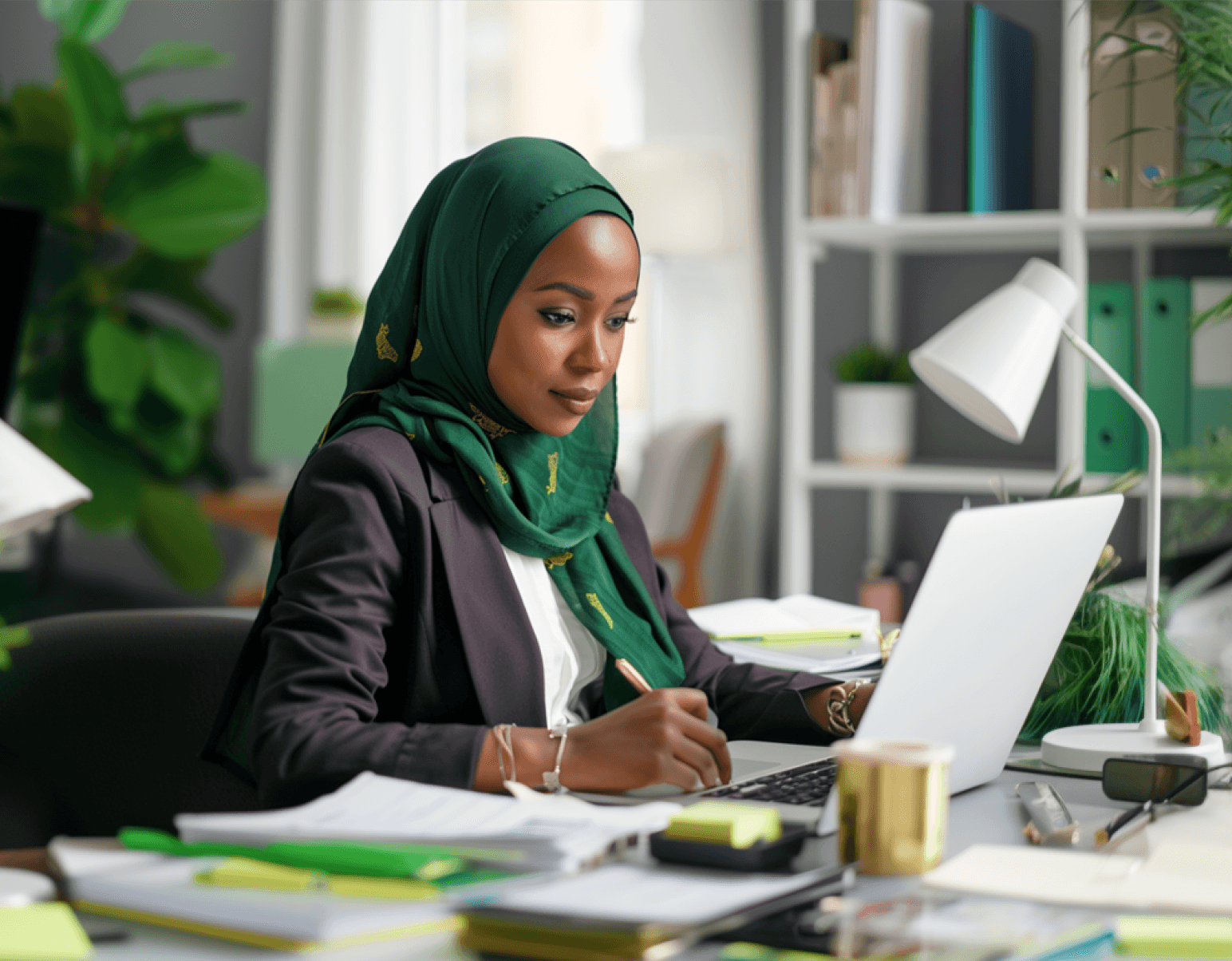 Muslim woman on laptop in an office room.