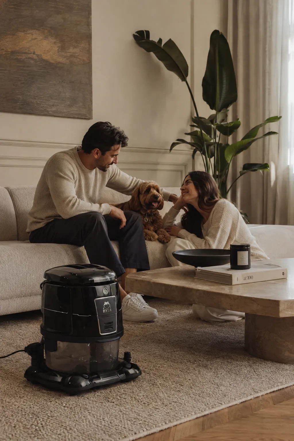 Paar mit Hund auf dem Sofa, daneben das HYLA Reinigungssystem in einem eleganten Wohnzimmer