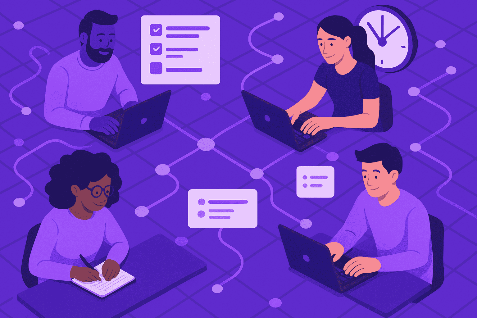 A flat-style digital illustration of a top-down view showing four diverse professionals working collaboratively across a connected time grid with purple node links, symbolizing harmony, productivity, and efficient teamwork through smart time tracking.