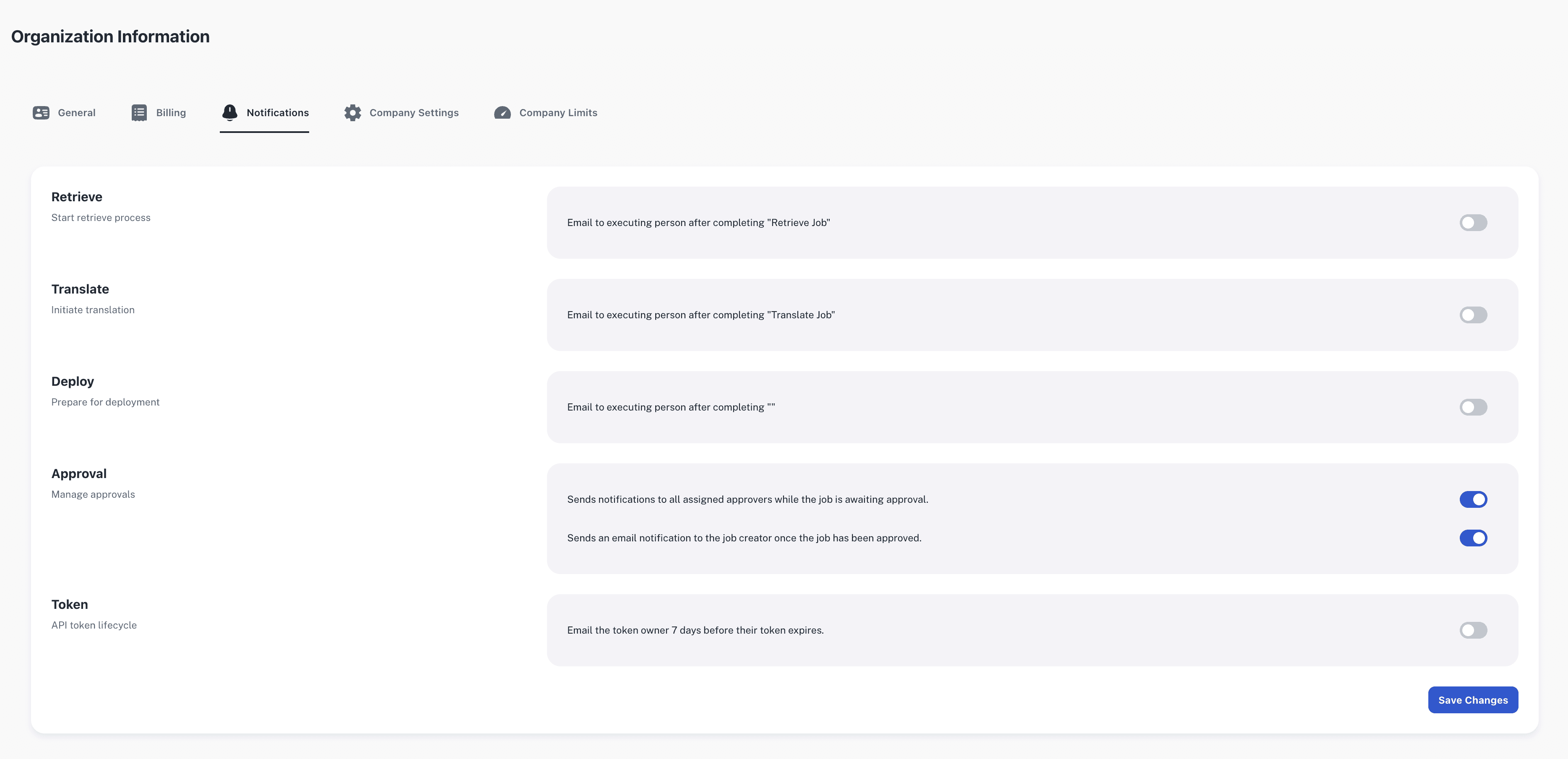Notification page showing lists of notification settings
