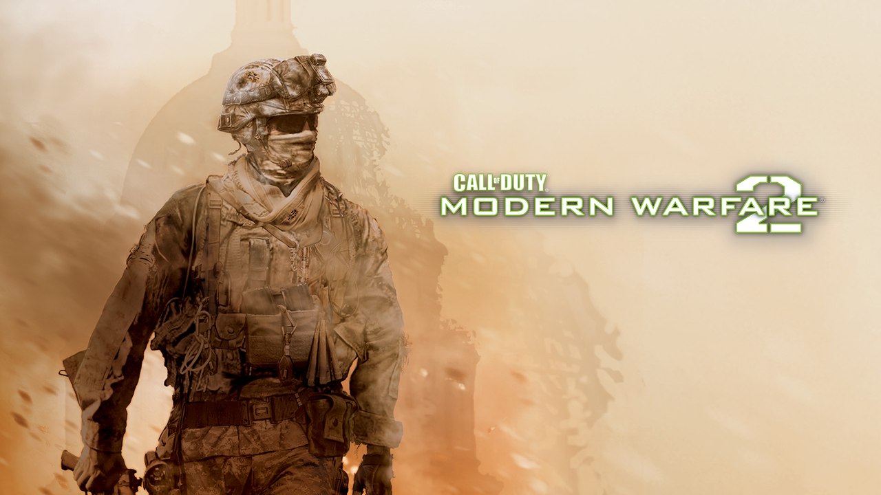 The artwork for Call of Duty: Modern Warfare 2, a masked soldier walking through smoke