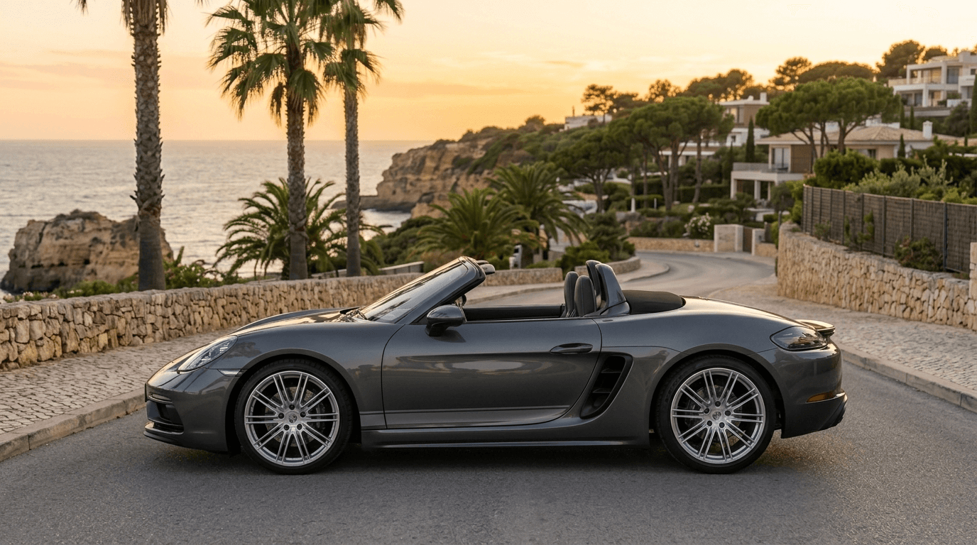 Porsche REV Rentals driving along Algarve scenic coastal Portugal