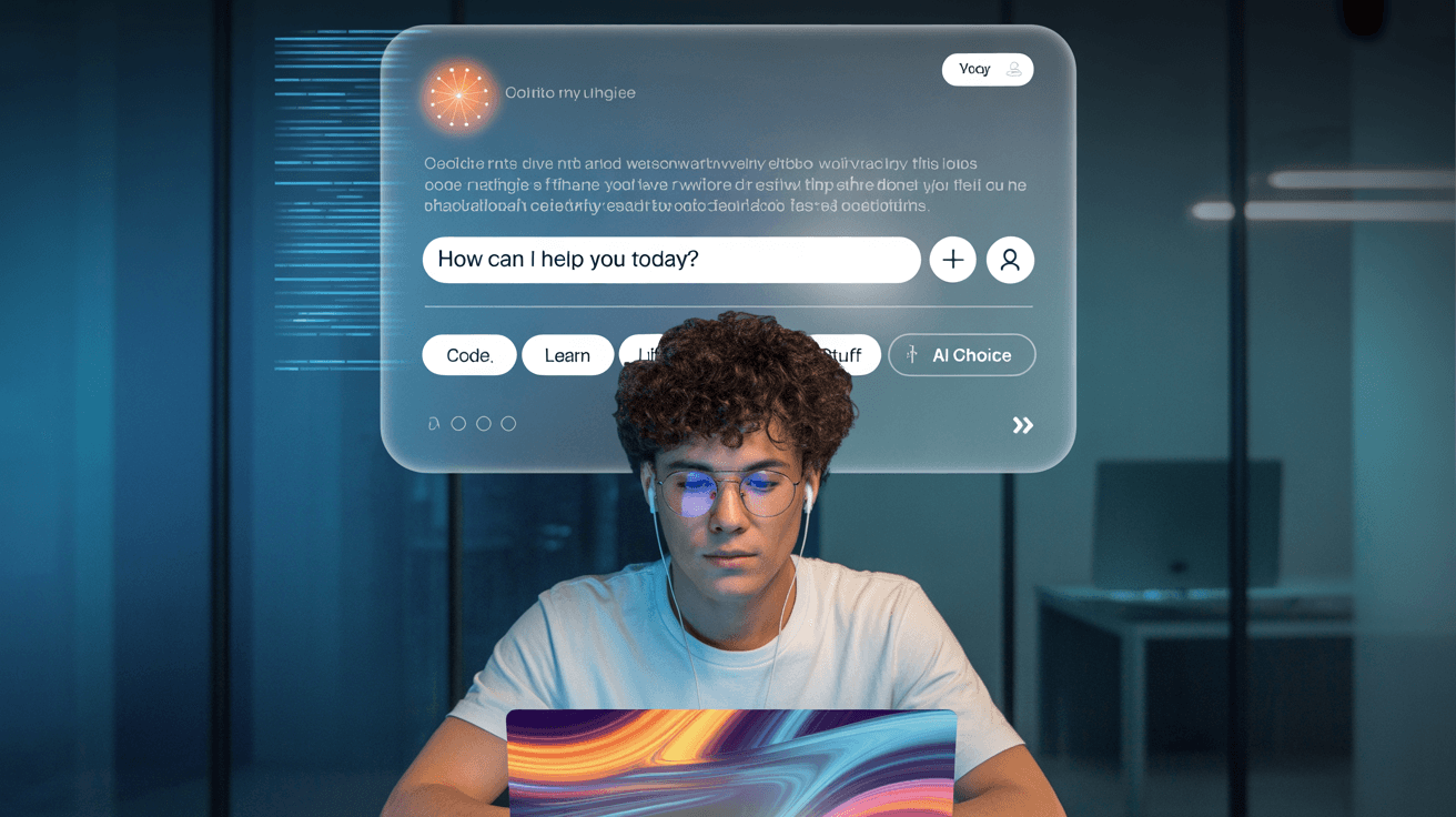 Creator below holographic AI assistant interface in blue office for AI workflow video