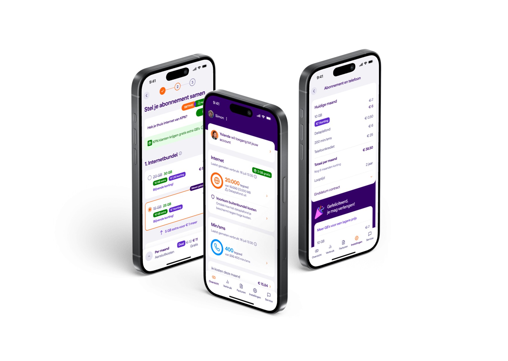 Three iPhone mockups with Mijn Simyo screens