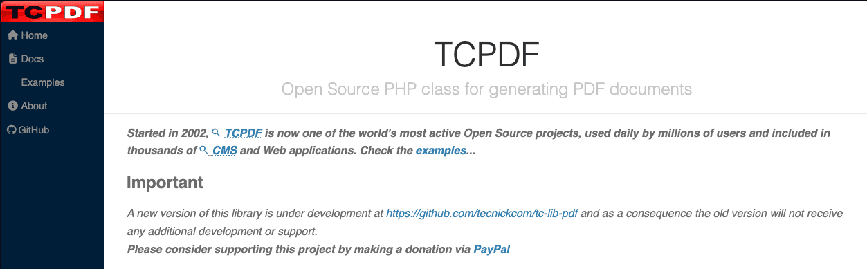 homepage of tcpdf