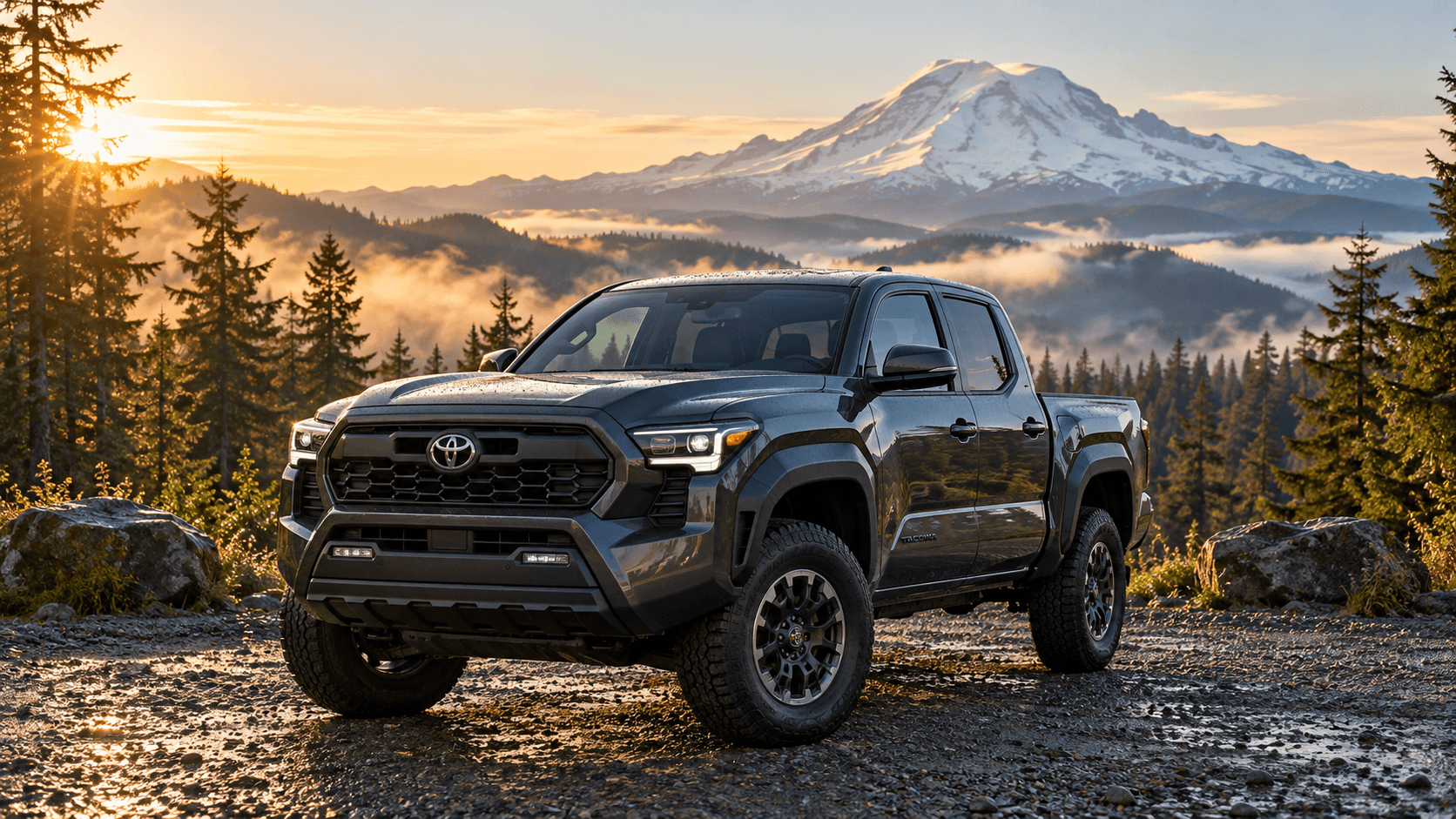 AI-generated image of a charcoal Toyota Tacoma on a forest turnout with Mount Rainier in the background.