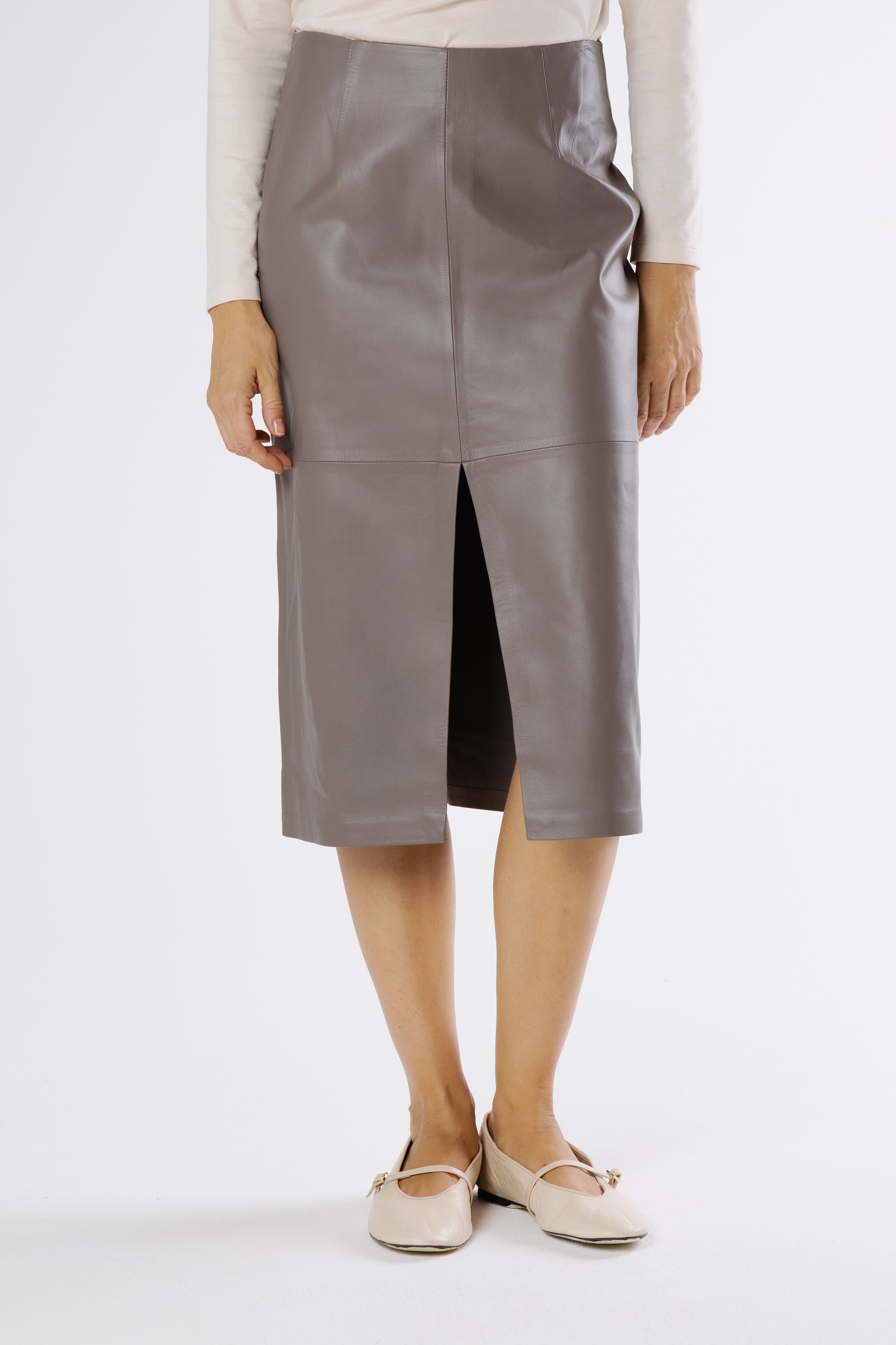 Front view of Selina leather midi skirt in stone taupe with clean tailored silhouette and smooth leather finish.