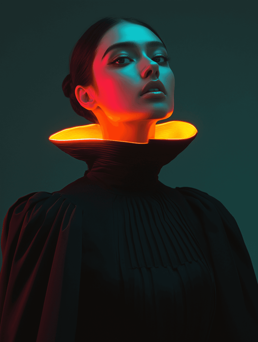 A woman wearing a black dress is illuminated by colorful neon lights, enhancing the dramatic atmosphere of the scene.