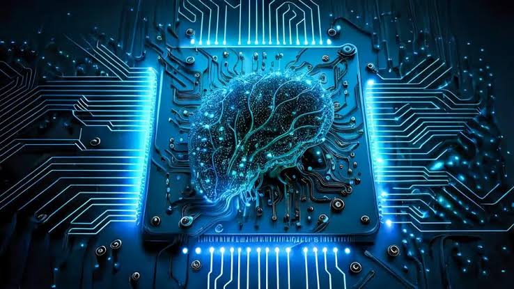 Circuit board illuminated in blue