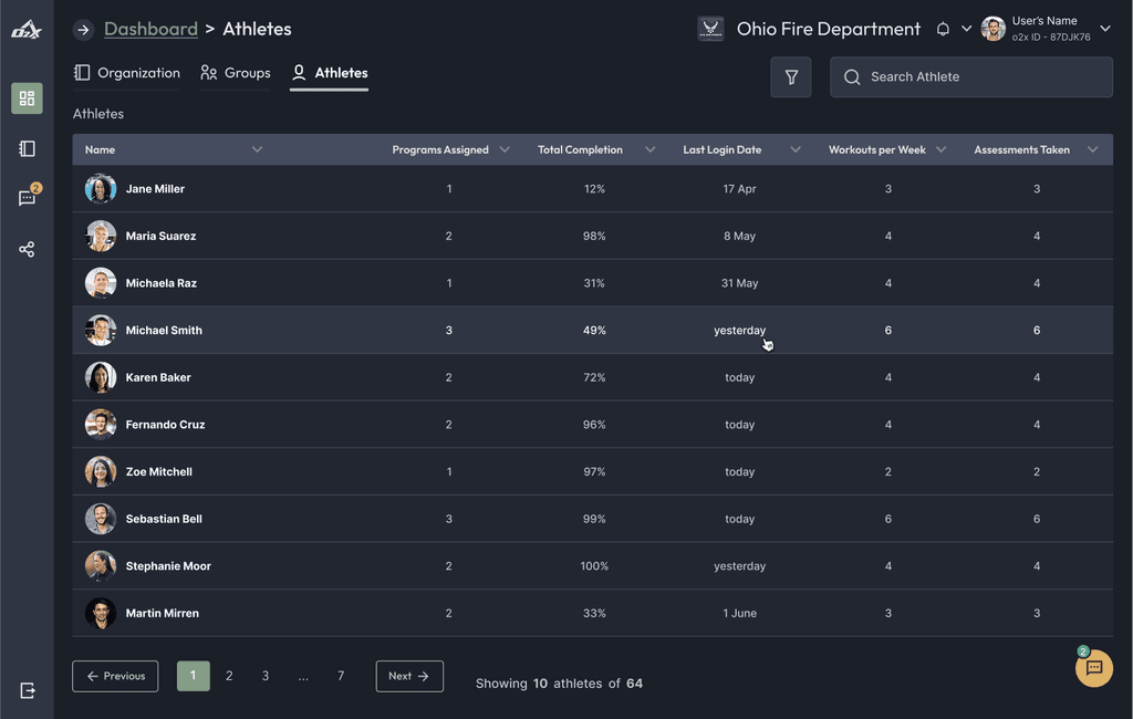 O2X athletes list screen
